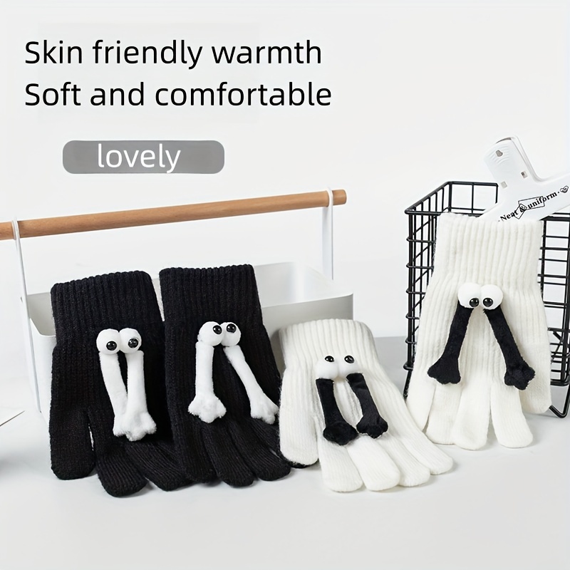 1 ペア面白い 3D 磁気手持ち人形肥厚ニット手袋、冬のアウトドアスポーツ用の防寒暖かい手袋、クリスマスのギフトに最適