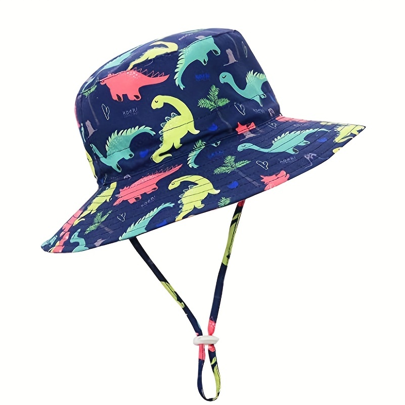 Kids Dinosaur Print Wide Brim Drawstring Fisherman's Hat, Breathable Sunscreen Bucket for Outdoor Hiking Beach Children, Christmas Gifts, Boys