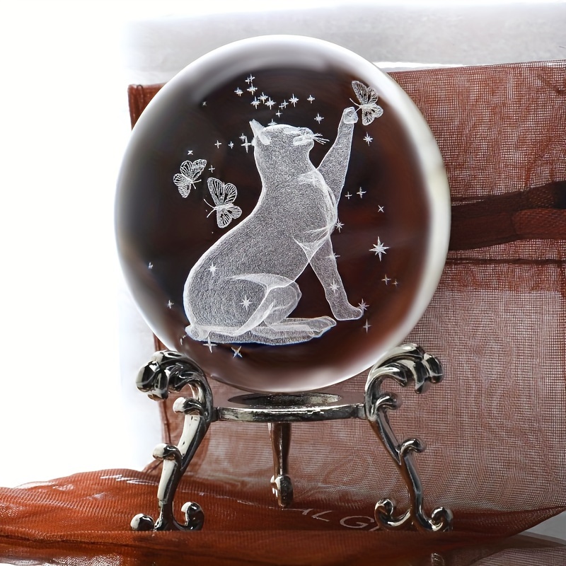 

1pc 3d Cat Crystal Ball With Metal Stand, Laser Engraved Cat Figurine, Glass Sphere Paperweight For Home Office Desktop Art Decor, Memorial Gift For Cat Lovers Women