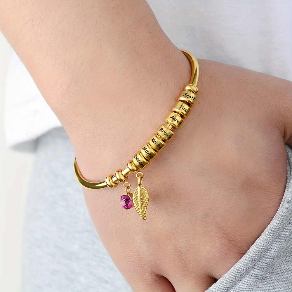 Leaf Shaped Stainless Steel Cuff Bangle with Names