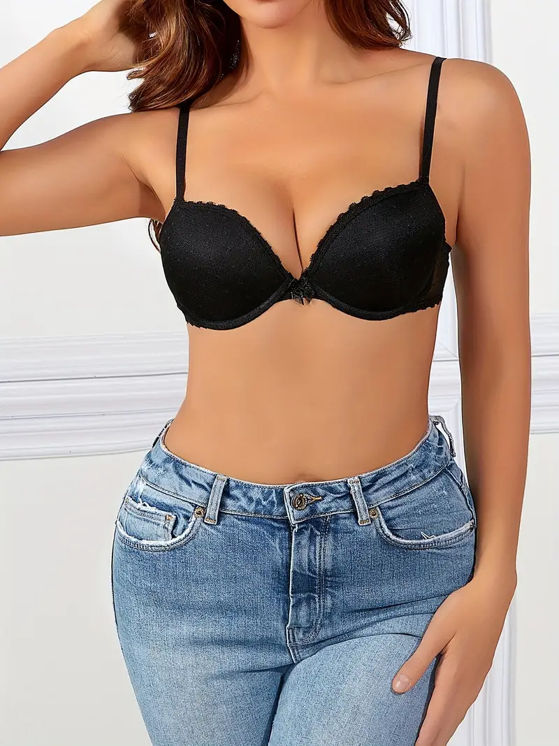 Lace Edge Push Bra Comfort Thick Cup Knitted Fabric Everyday - Temu