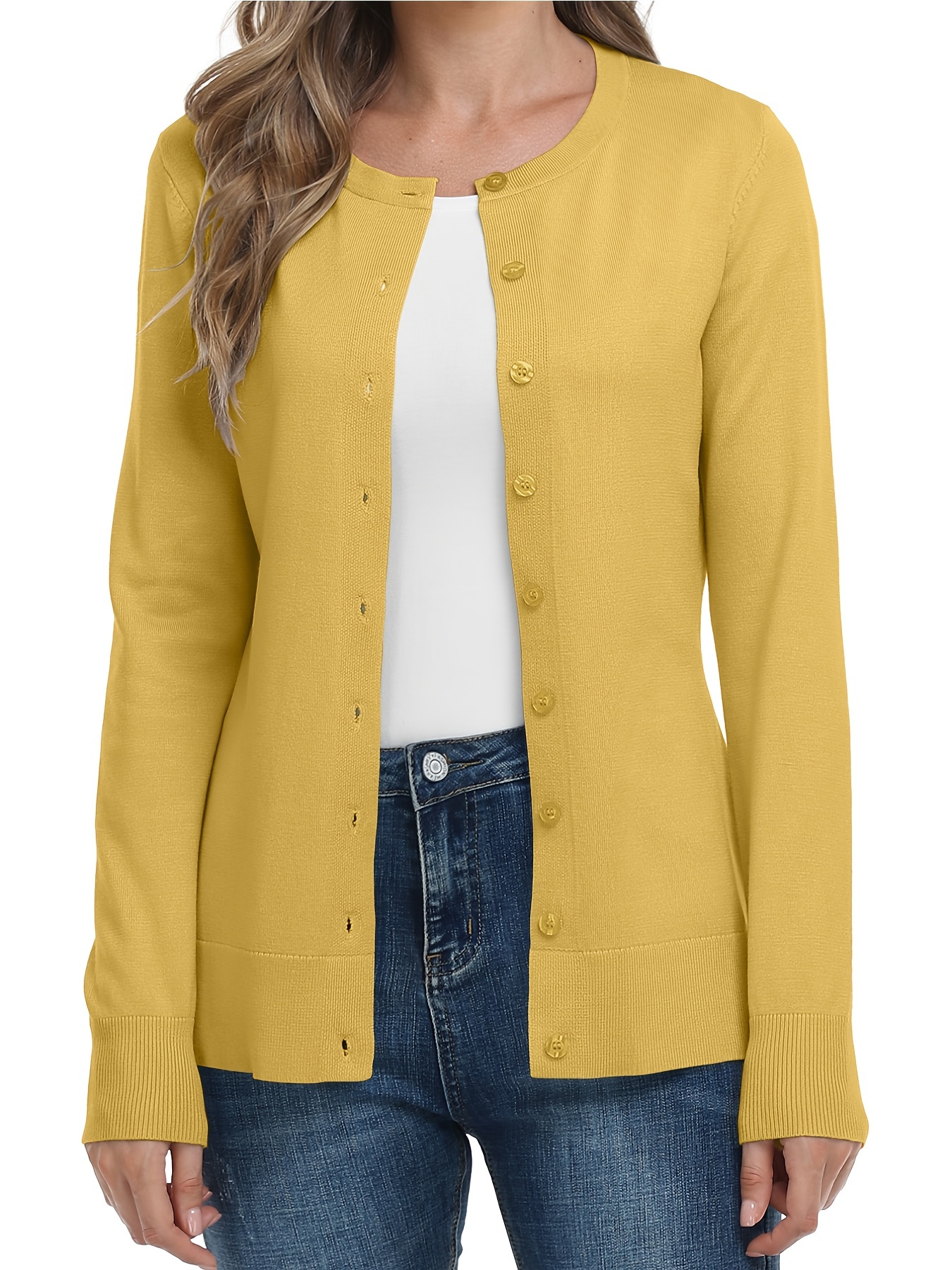 REORIAFEE Sweaters for Women Clearance Round Neck Long Sleeve Loose Sweater  Autumn Blouse Tops Yellow M 