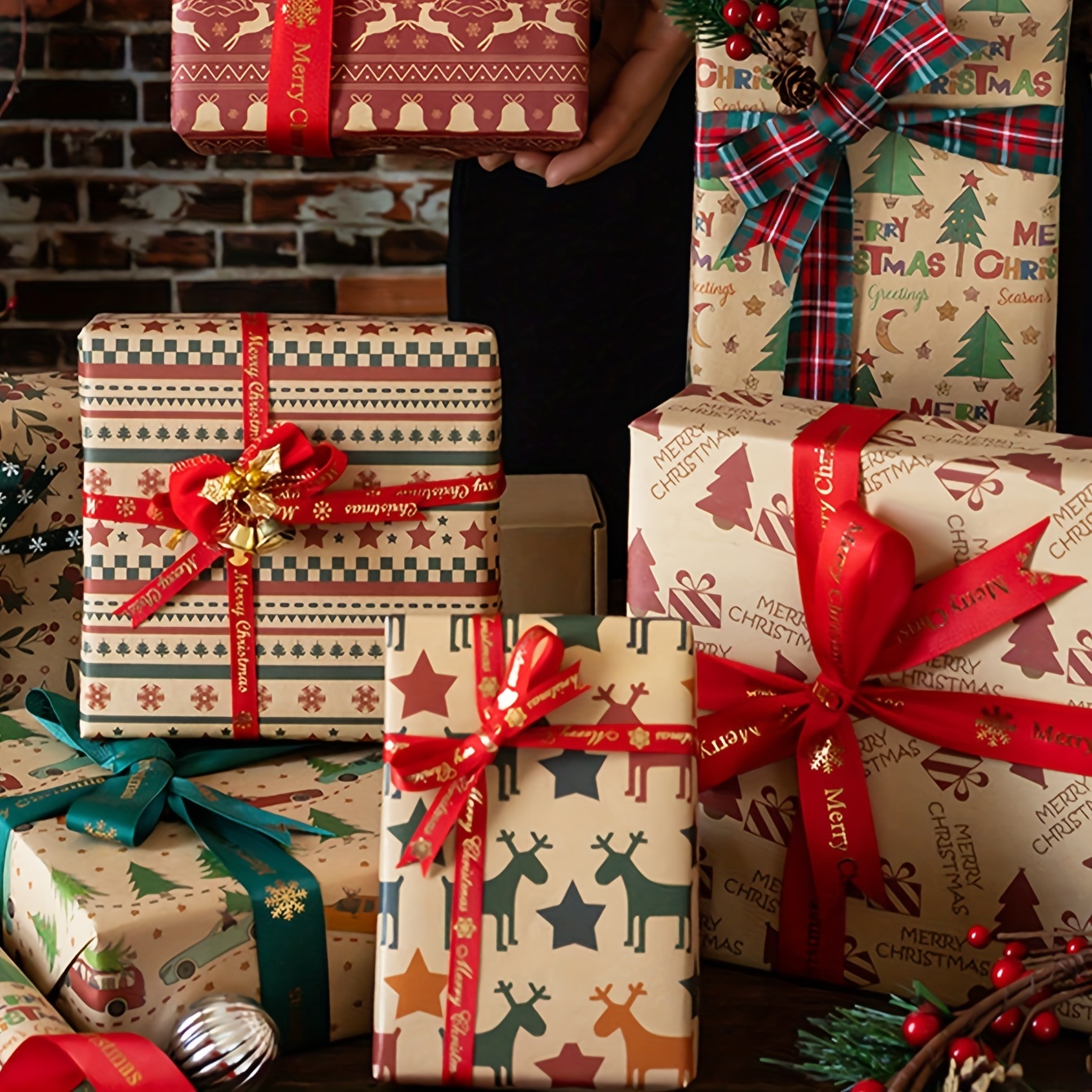 5pcs, Vintage Christmas Kraft Paper, Wrapping Paper, Cute Cartoon Christmas  Gift Wrapping Paper, Gift Wrapping, Wedding Wrapping, Birthday Wrapping, B