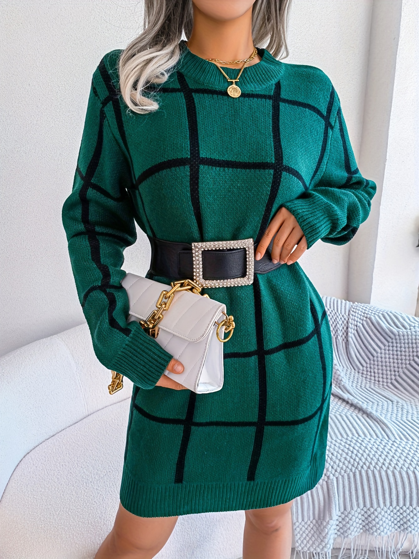 Kahasa Long Sleeve O Neck Slim Fit Contrast Grid Elegant Autumn Winter  Bodycon Mini Dress Ribbed Women's Holiday Party