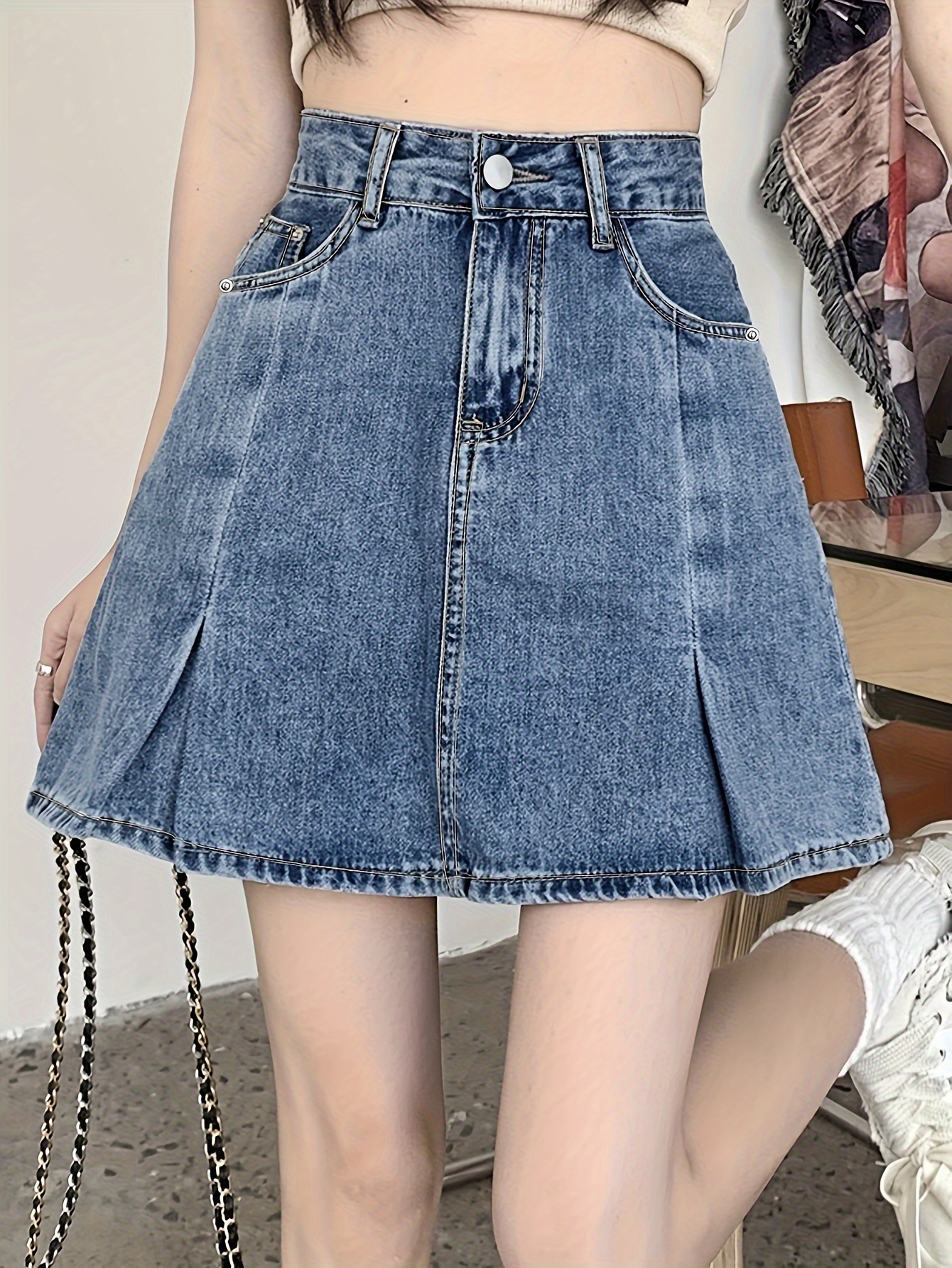 Frayed Hem Fade High Waist Denim Skirt Pocket Elegant A Line - Temu Japan