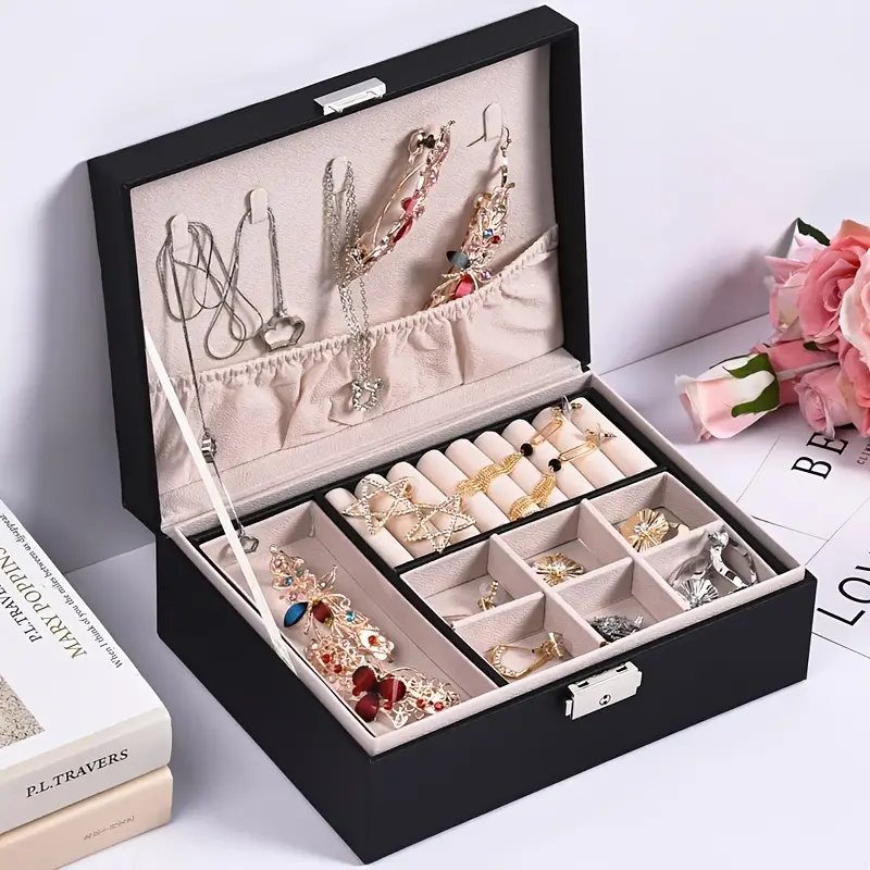 Double Layer Pu Leather Jewelry Storage Box With Lock - Temu