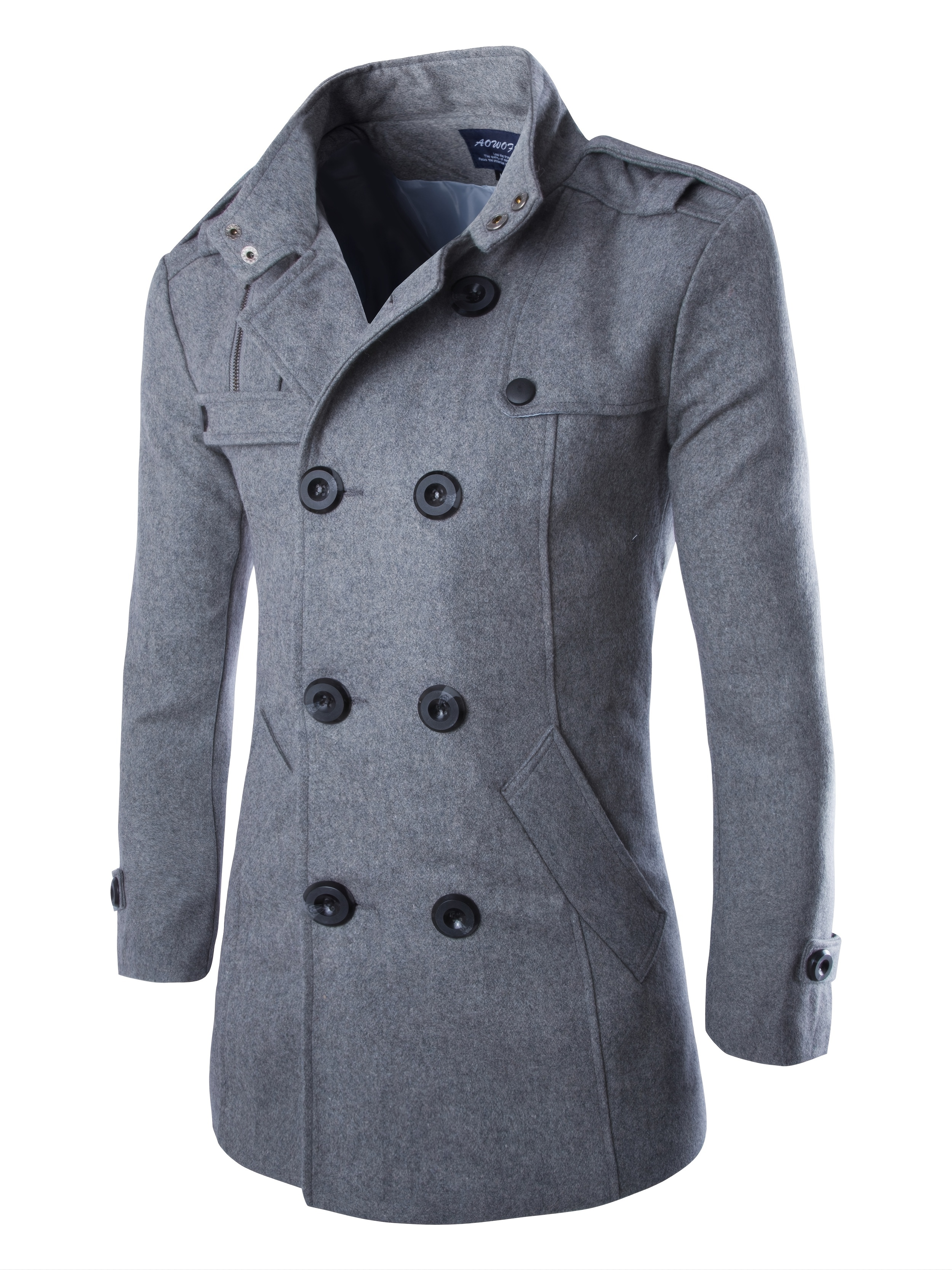 Men's Mid Long Wool Woolen Pea Coat Double Breasted Stand Collar