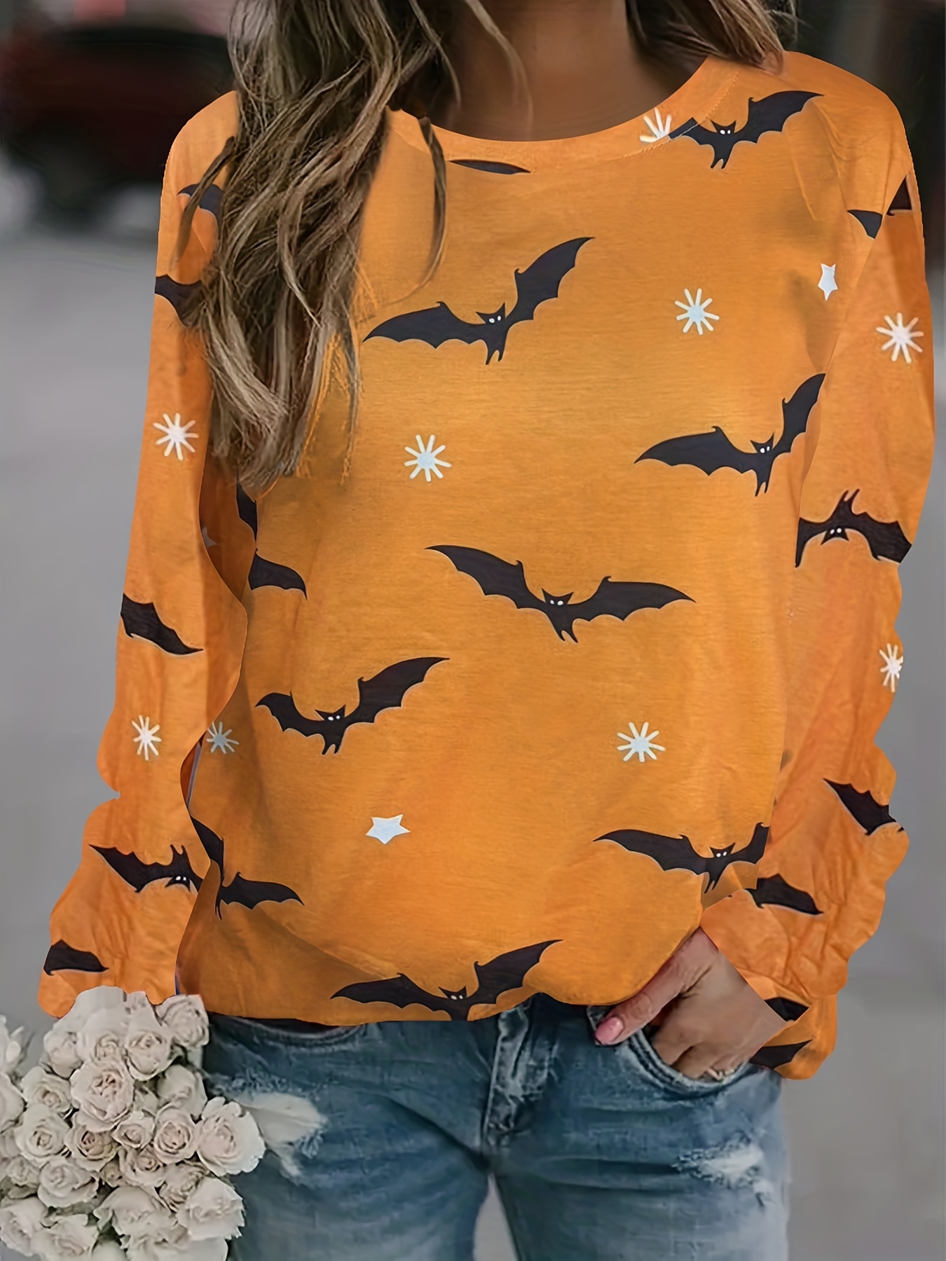 Bat Print Pullover Sweatshirt Casual Long Sleeve Crew Neck Temu