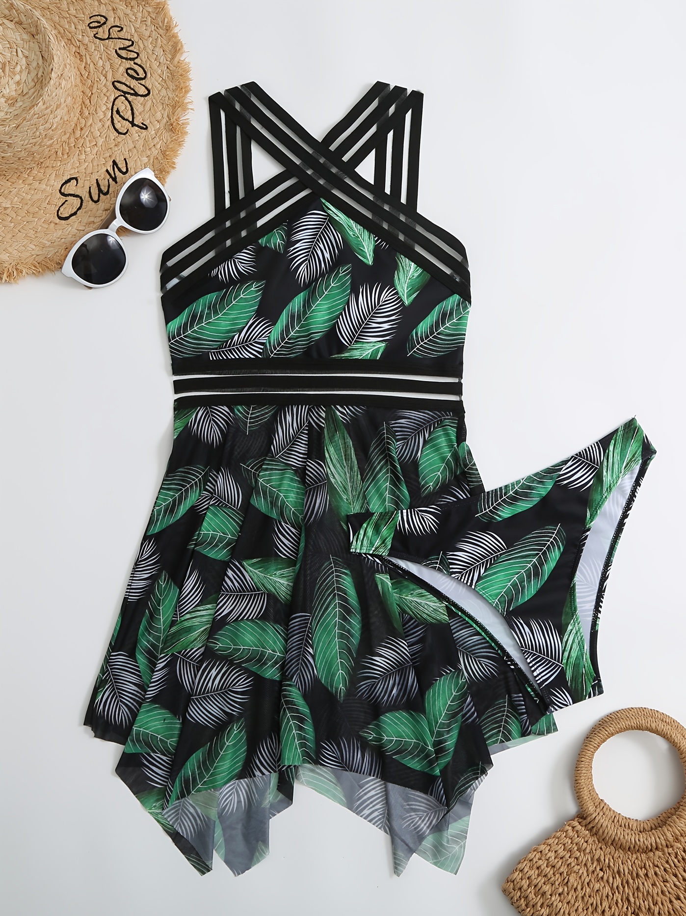 Fern Print Two piece Swimsuit Matching T back Bathing Suit - Temu