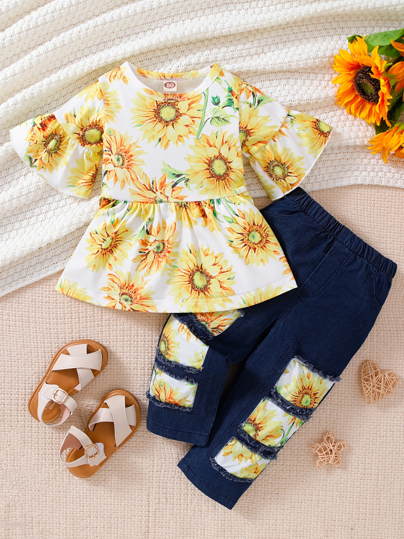 2-piece Kid Girl Bell sleeves Yellow Peplum Top and Sunflower Print Patchwork Ripped Denim Jeans Set