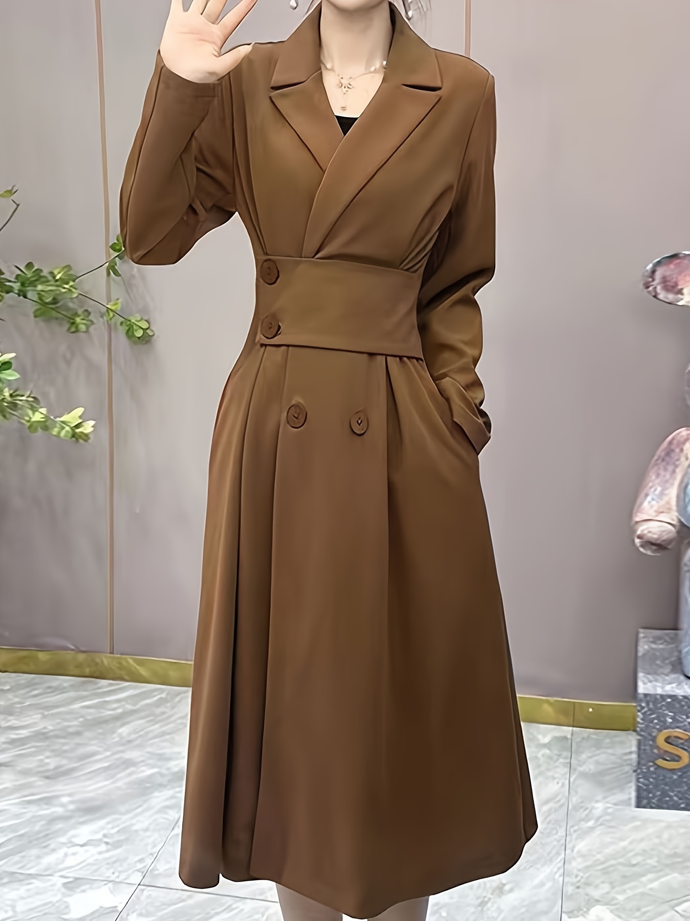 AKOEE Double Breasted Elegant Pea Coat Women Warm A Line Trench Coat Dress  Jacket Notch Lapel Winter Outwear S-3XL (3X-Large, Beige)