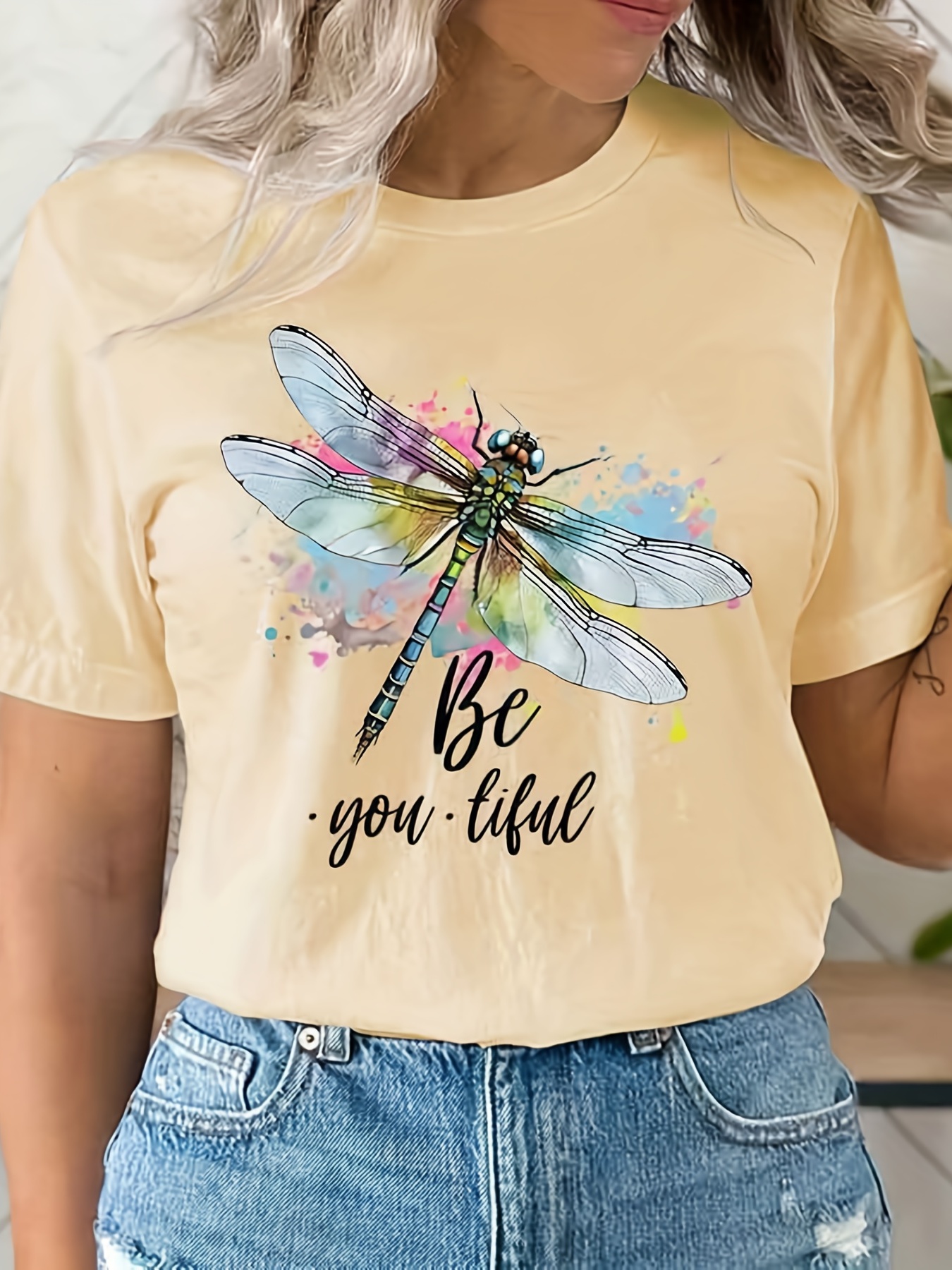 Dragonfly Print T shirt Short Sleeve Crew Neck Casual Top - Temu Australia