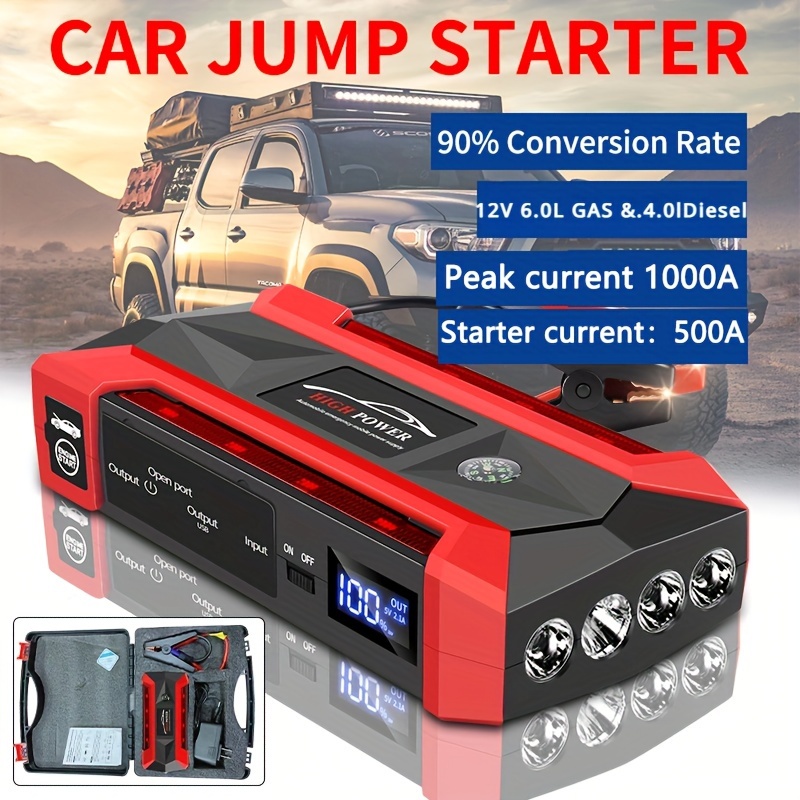 Arrancador de batería de coche 1000A 12000mAh Peak Jumper Starter Portable  12V Jump Box Auto Booster Power Pack con carga rápida USB y puerto tipo C