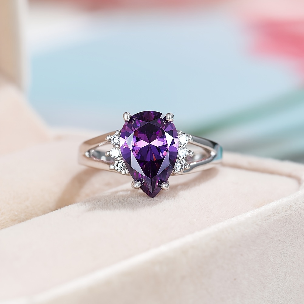 Purple Water Drop Zircon Ring Simple Four Claw Zircon Ring 18k