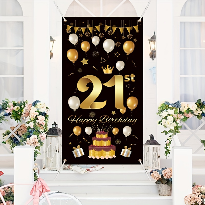 1pc, 21st Birthday Door Cover Banner Decor, Black Golden Happy 21st  Birthday Porch Party Supplies, 21st Birthday Poster Background Sign  Decoration