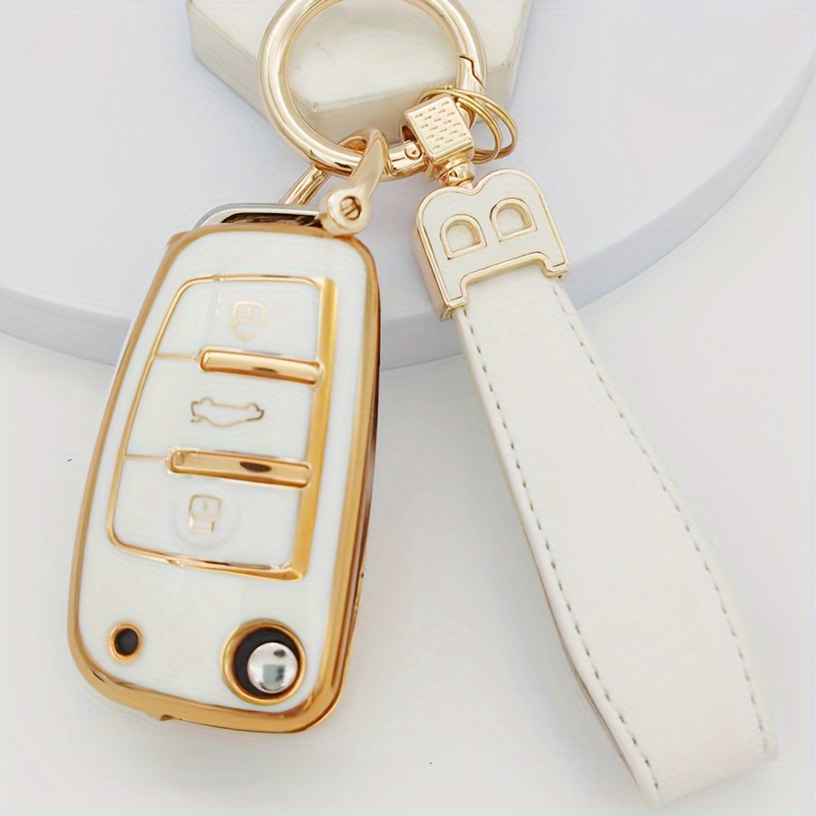 Key Fob Cover With Artificial Leather Keychain Soft Tpu Key - Temu