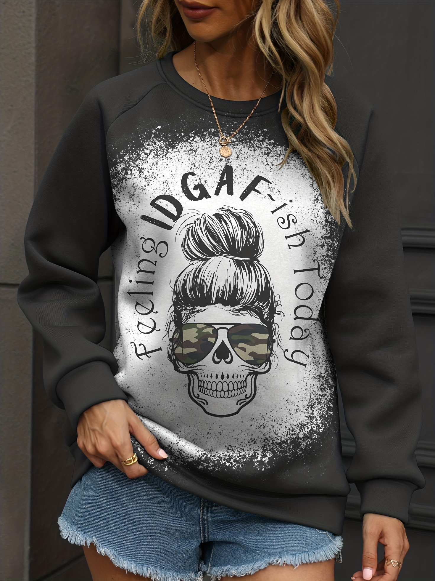 Heart & Skull Print Sweatshirt, Casual Long Sleeve Crew Neck Sweatshirt,  Women's Clothing - Temu