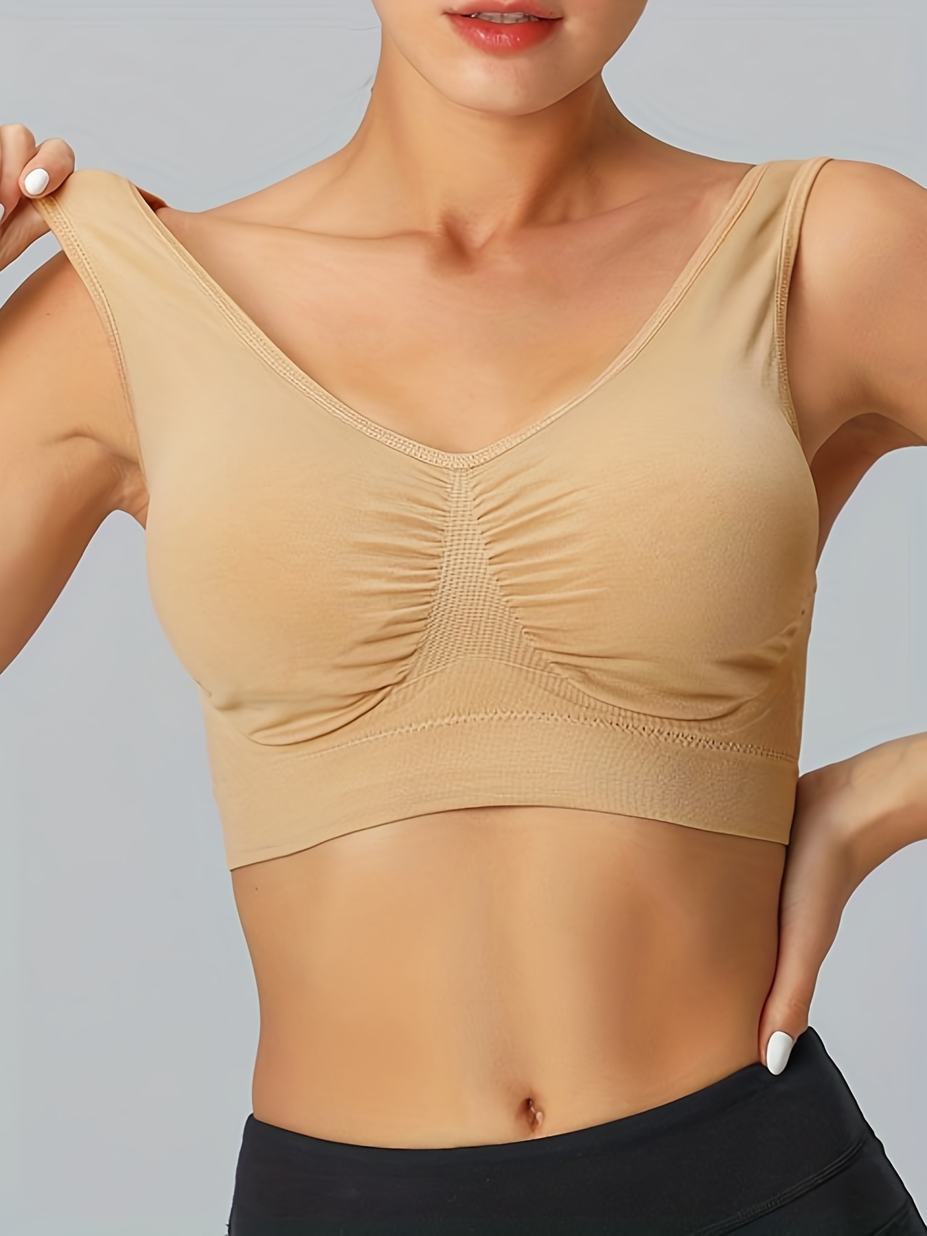 Solid Pleated Front Running Yoga Sports Bra Seamless Double - Temu