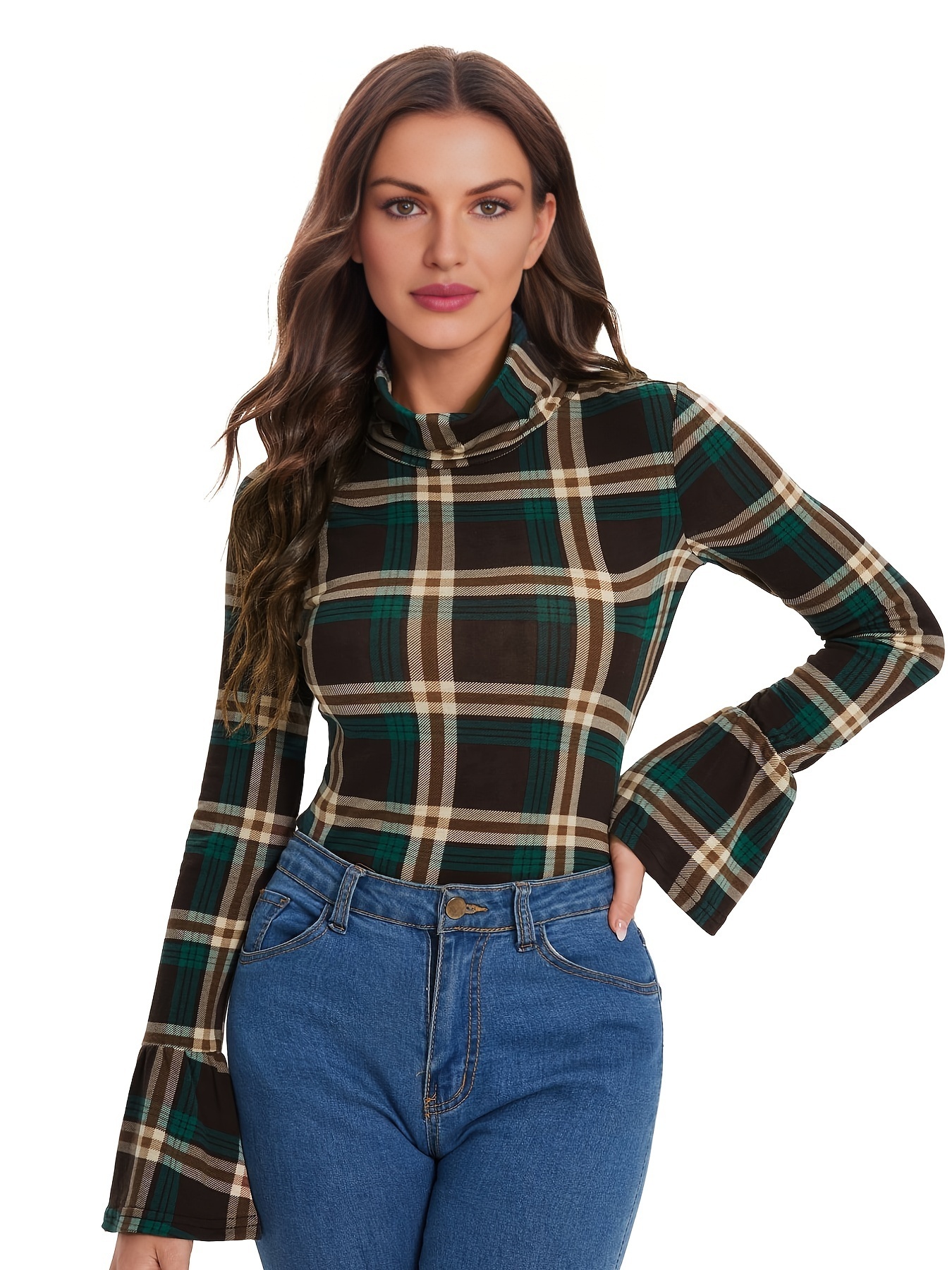 Basic Plaid Skinny Flare Sleeve Top Stretchy Long Sleeve - Temu Norway