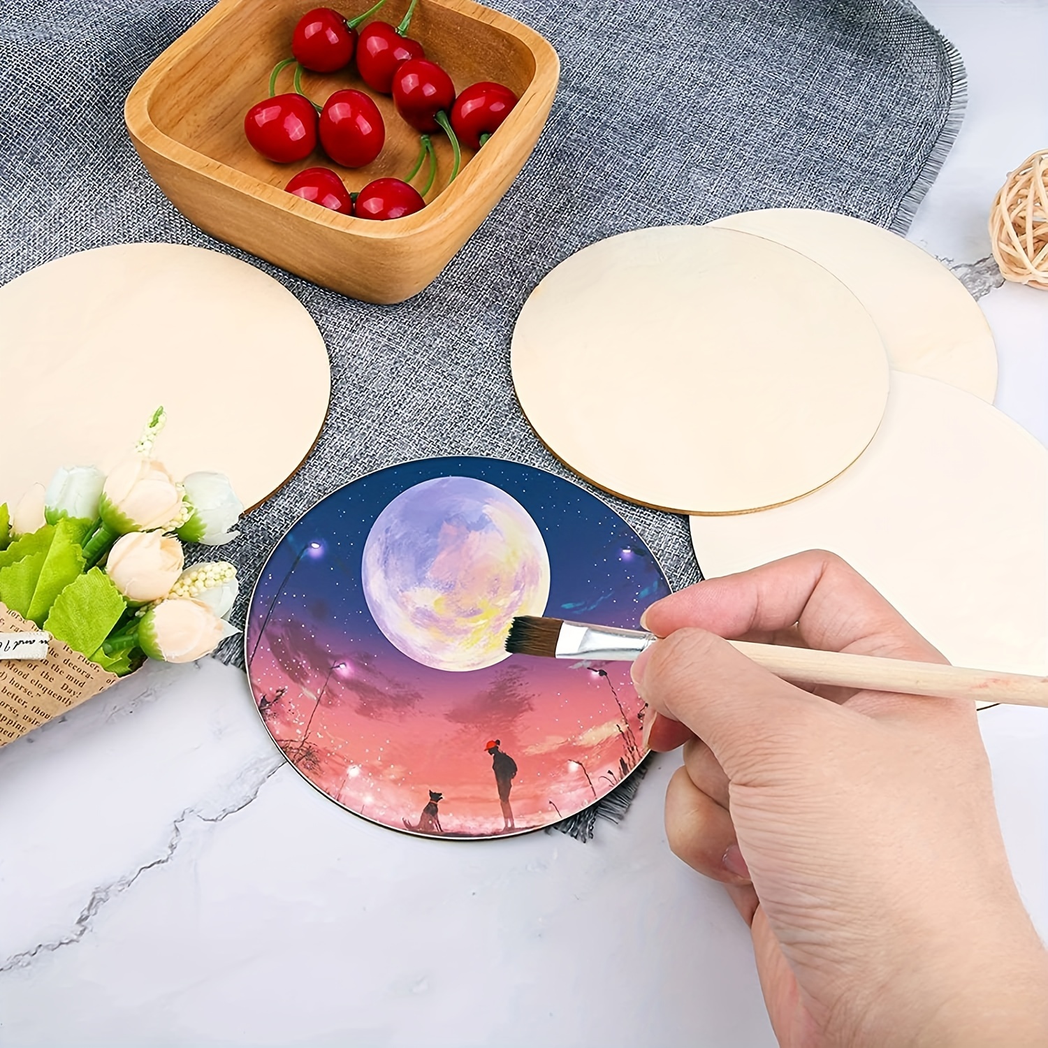 20pcs DIY Wooden Round Wooden Pieces Wooden Boards Home Decoration  Students' Handmade Accessories DIY Drawing Graffiti Wooden Round Pieces