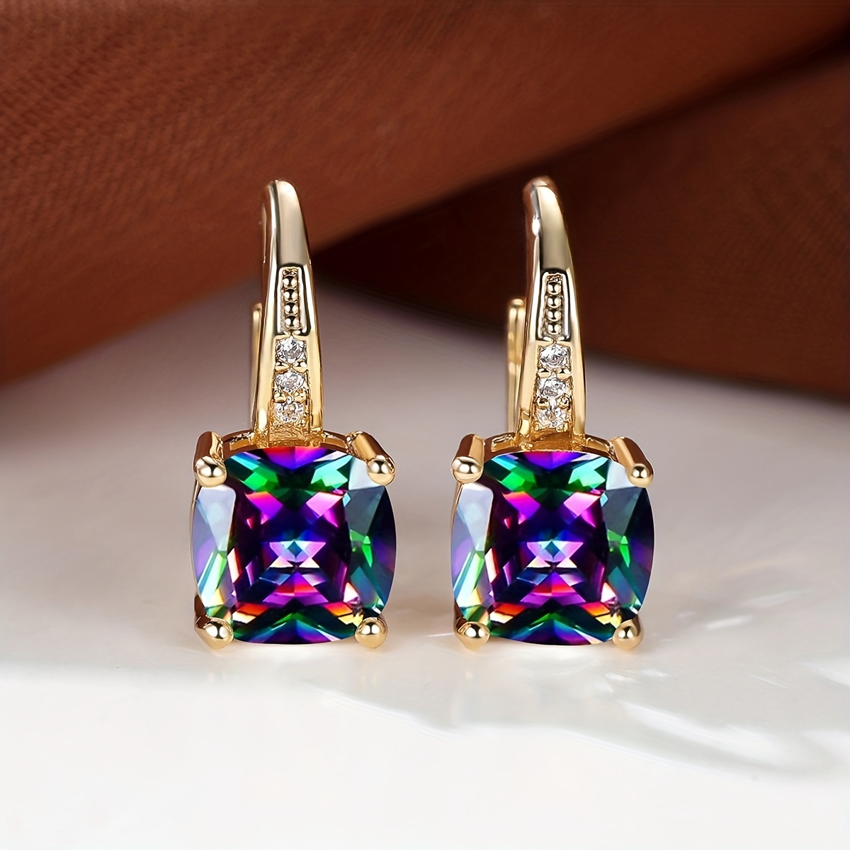 

Rainbow Zircon Earrings Hoop For Women Multicolor Crystal Square Stone Earrings Vintage Golden Colored Wedding Earrings For Party