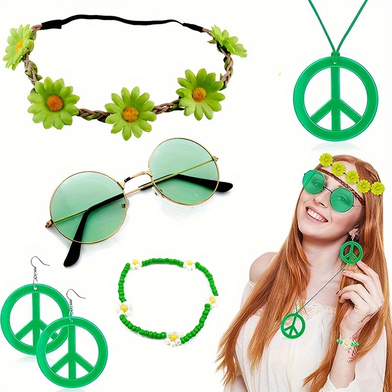 Juego de 4 piezas de accesorios hippie de los años 70, estilo hippie,  aretes con signo de paz, collar, gafas hippie, diadema para mujeres y niñas