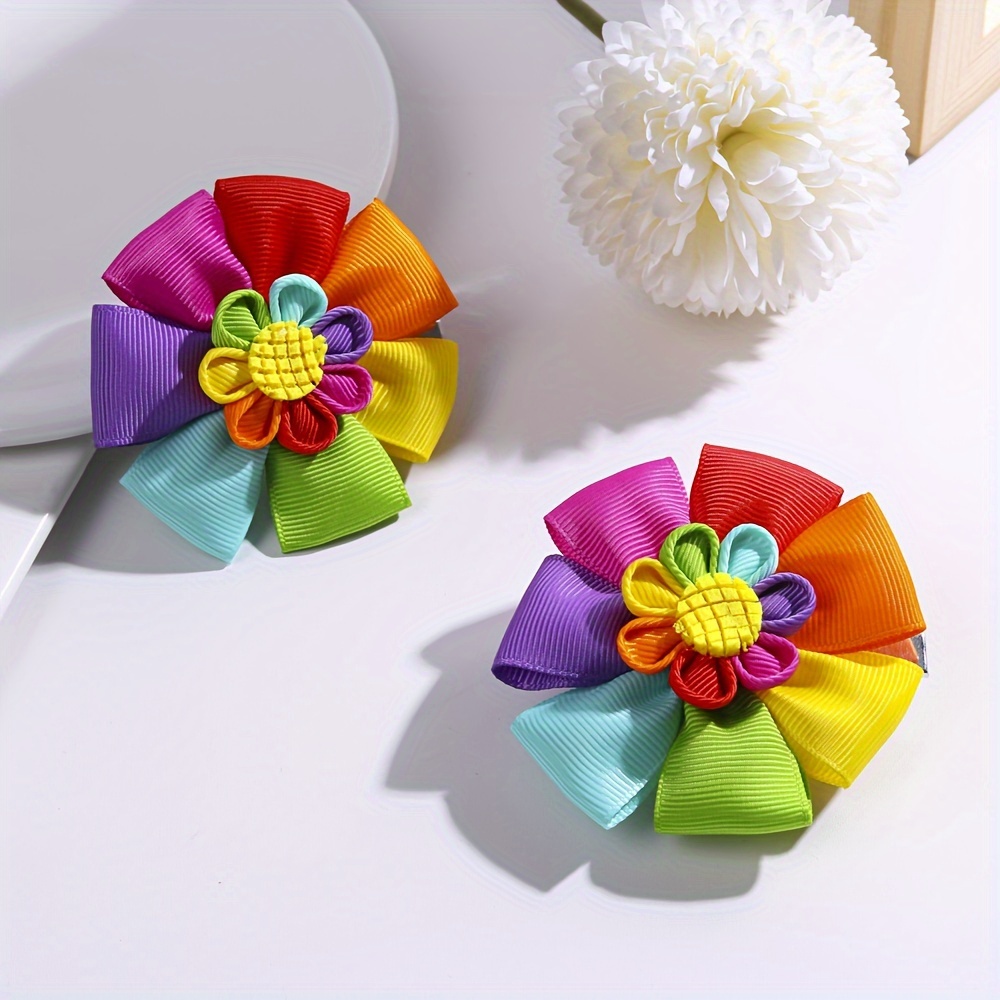 

2pcs Baby Girls Floral Hair Clips, Rainbow Colorful Hairpins, Cute Hair Accessories For Kids Children's Short Or Long Hair