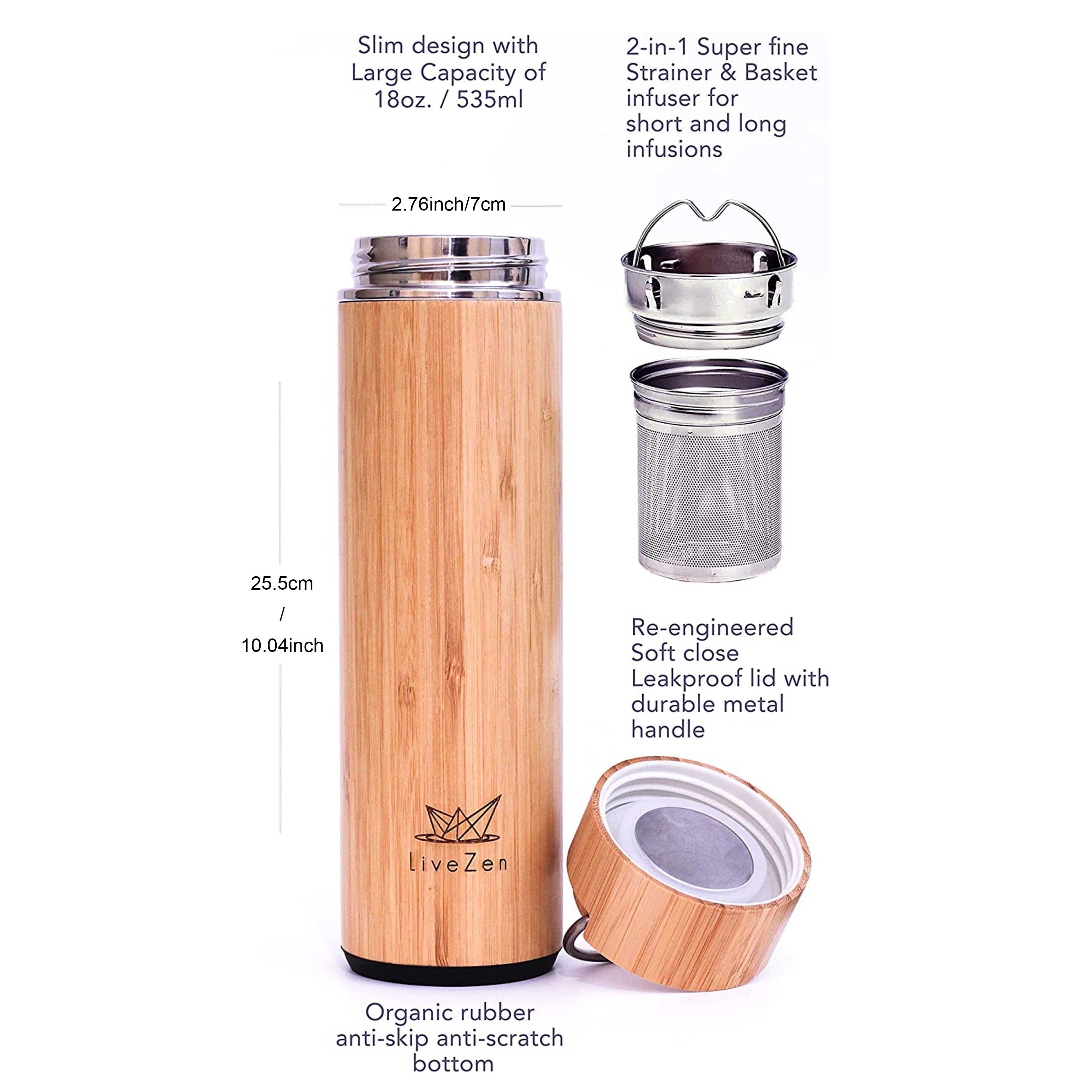 Original Bamboo Tumbler with Tea Infuser & Strainer by Leaflife | 17oz Stainless