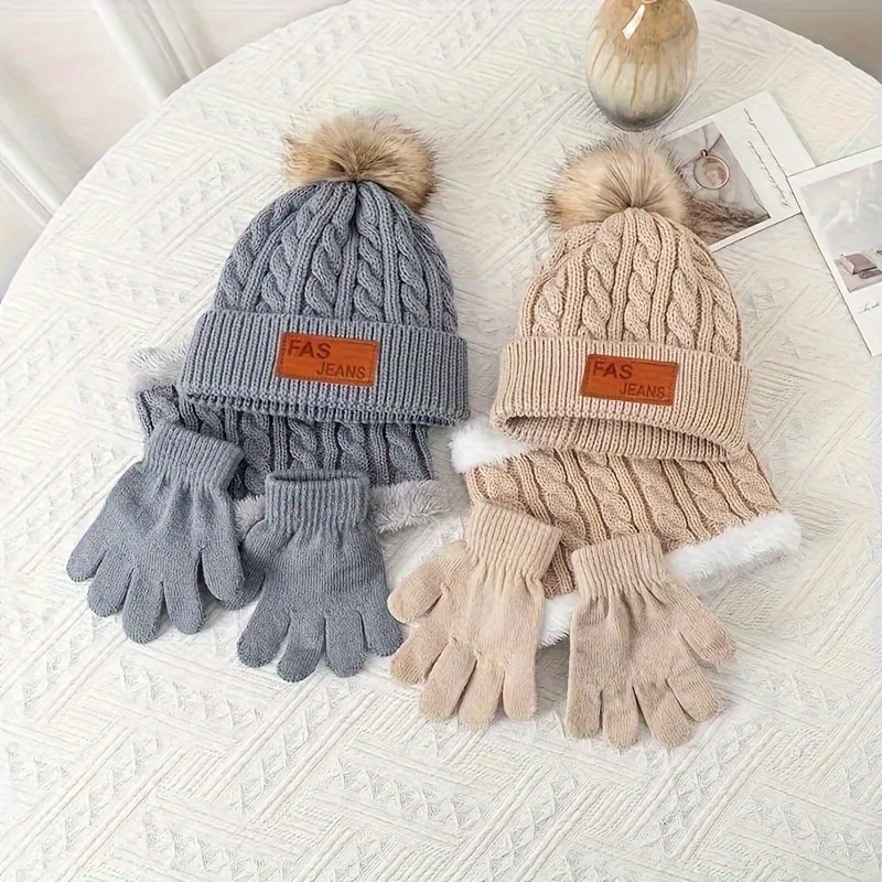 Womens 3 Pieces Knitted Hat Mask Scarf Set Windproof Ear