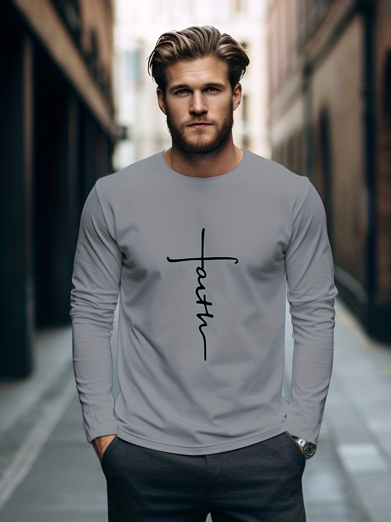 Faith Print Camiseta Manga Larga Hombre Estampado Novedoso - Temu Chile