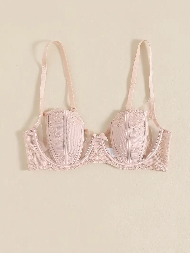 Non-padded Embroidered Balconette Bra - Light pink - Ladies