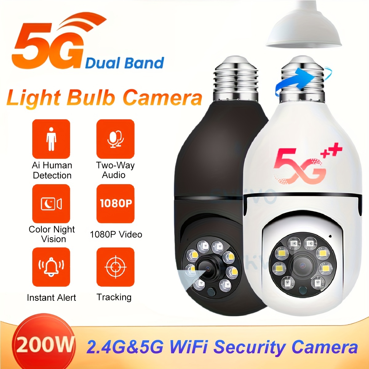 Cámara de bombilla WiFi 5G, 2.4 GHz y 5G 1080P E27 cámara de seguridad para  el hogar, cámaras de vigilancia PTZ de 360° para interiores, día y noche a
