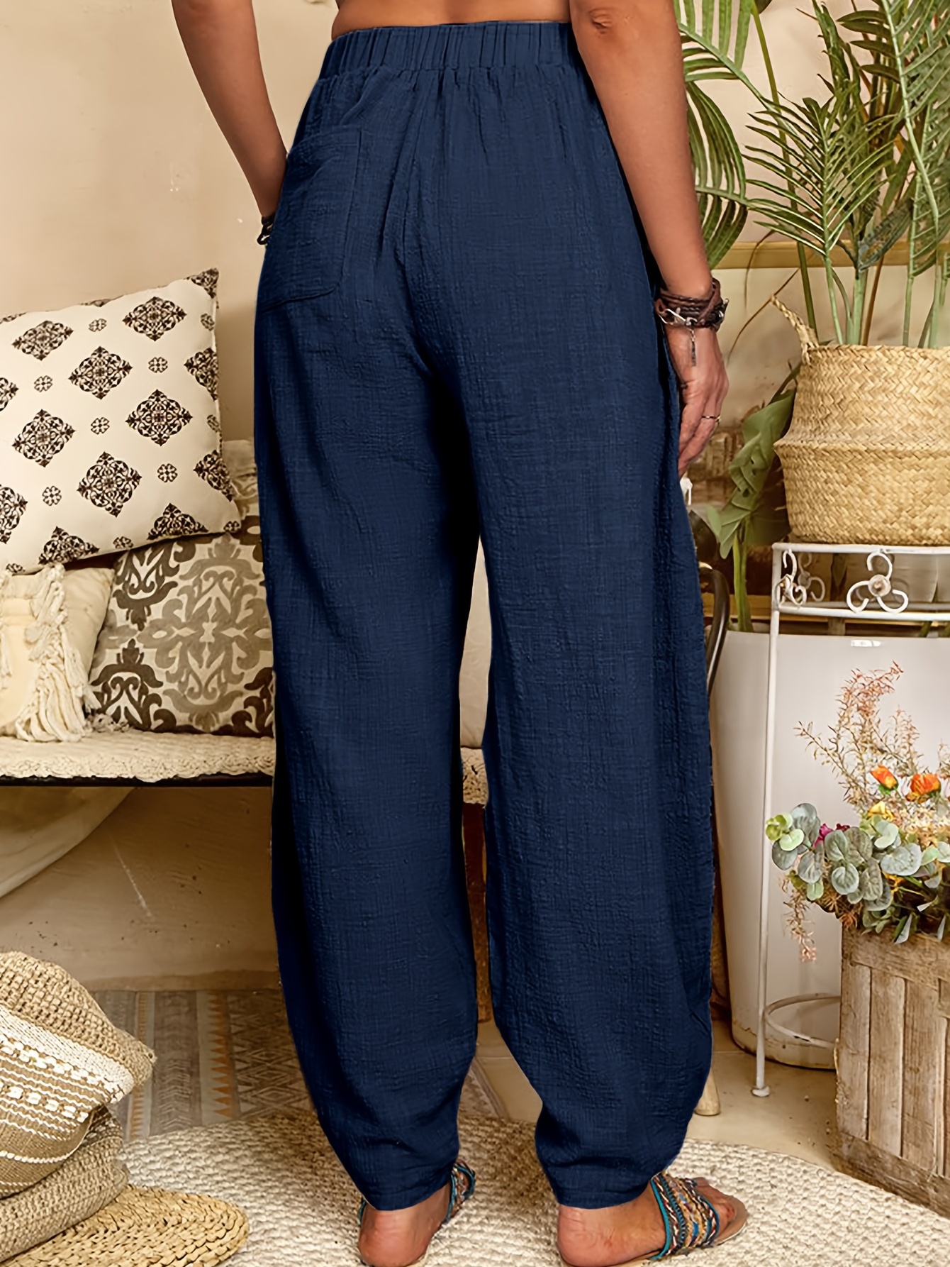 Pantalones elásticos sólidos casuales para mujer, pantalones de cintura  alta con bolsillos, pantalones casuales para todos los días, ropa de mujer