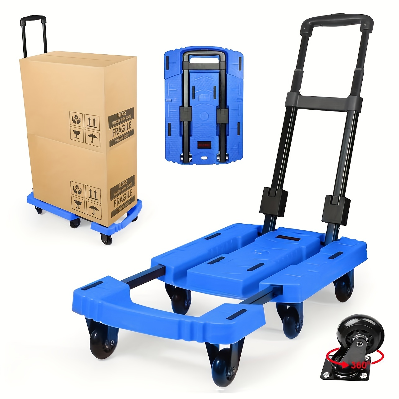 SELORSS Folding Hand Truck, 530 lbs Heavy Duty Luggage Cart, Foldable Dolly Cart for Moving, Utility Dolly Platform Cart with 6 Wheels for Travel