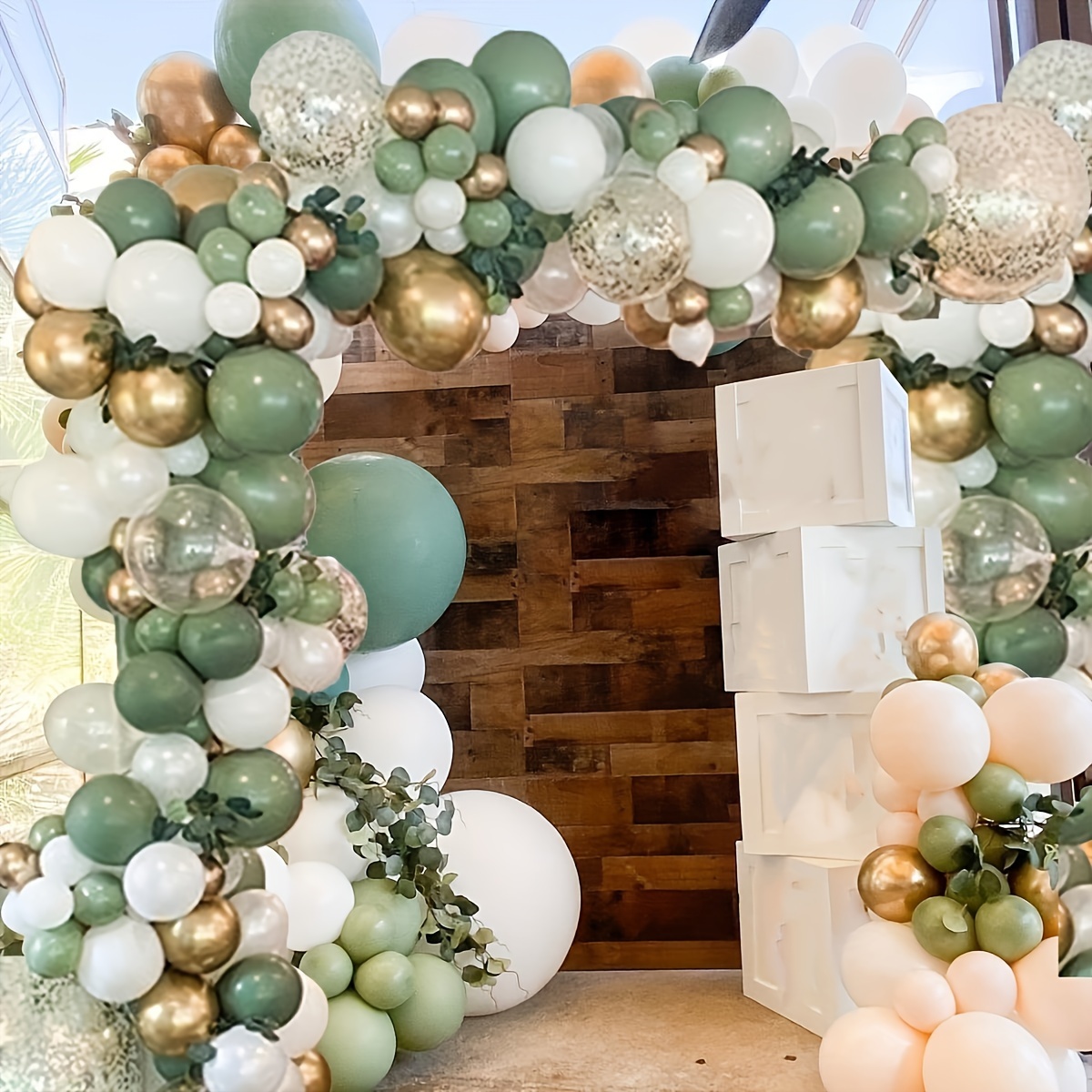 

139pcs, Sage Green Balloon Garland Arch Kit Decor With Olive Green White Golden Double- Olive Matte Different Sizes Decor Balloon For Jungle Woodland Safari Birthday Party Decorations Easter Gift