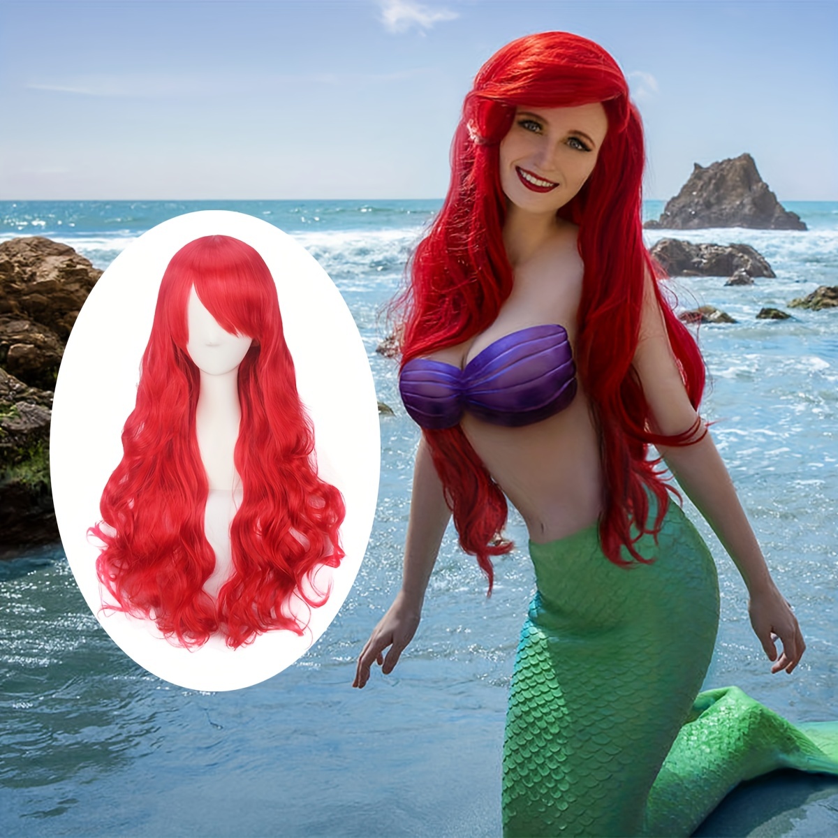 Mermaid Costume Wigs Red Long Curly Wig Synthetic Wig Anime Temu