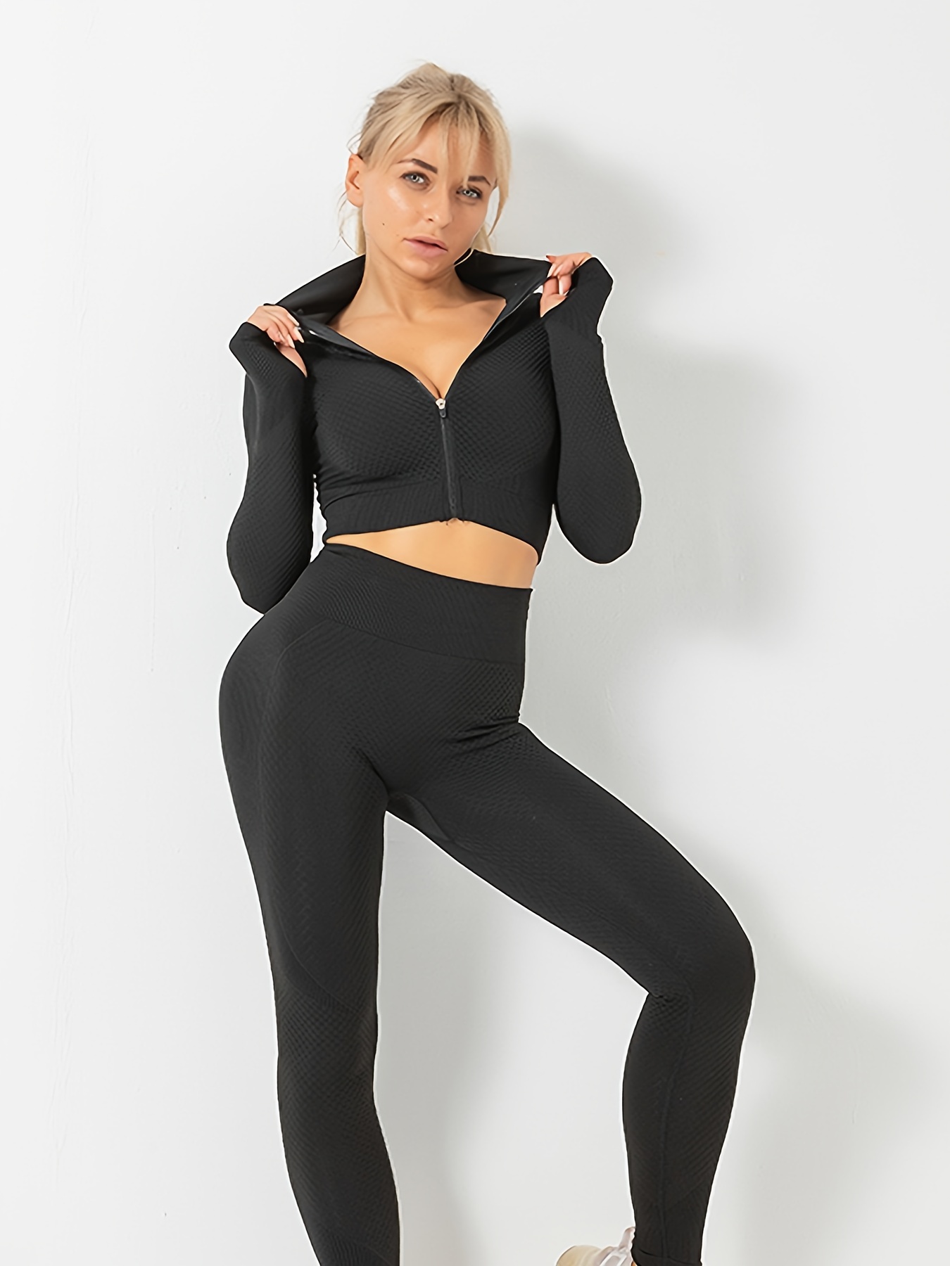 Buy Women's 3 Pieces Workout Clothes Set Jacket Tank Top Leggings Outfit Sets  Women, Black, L-XL at