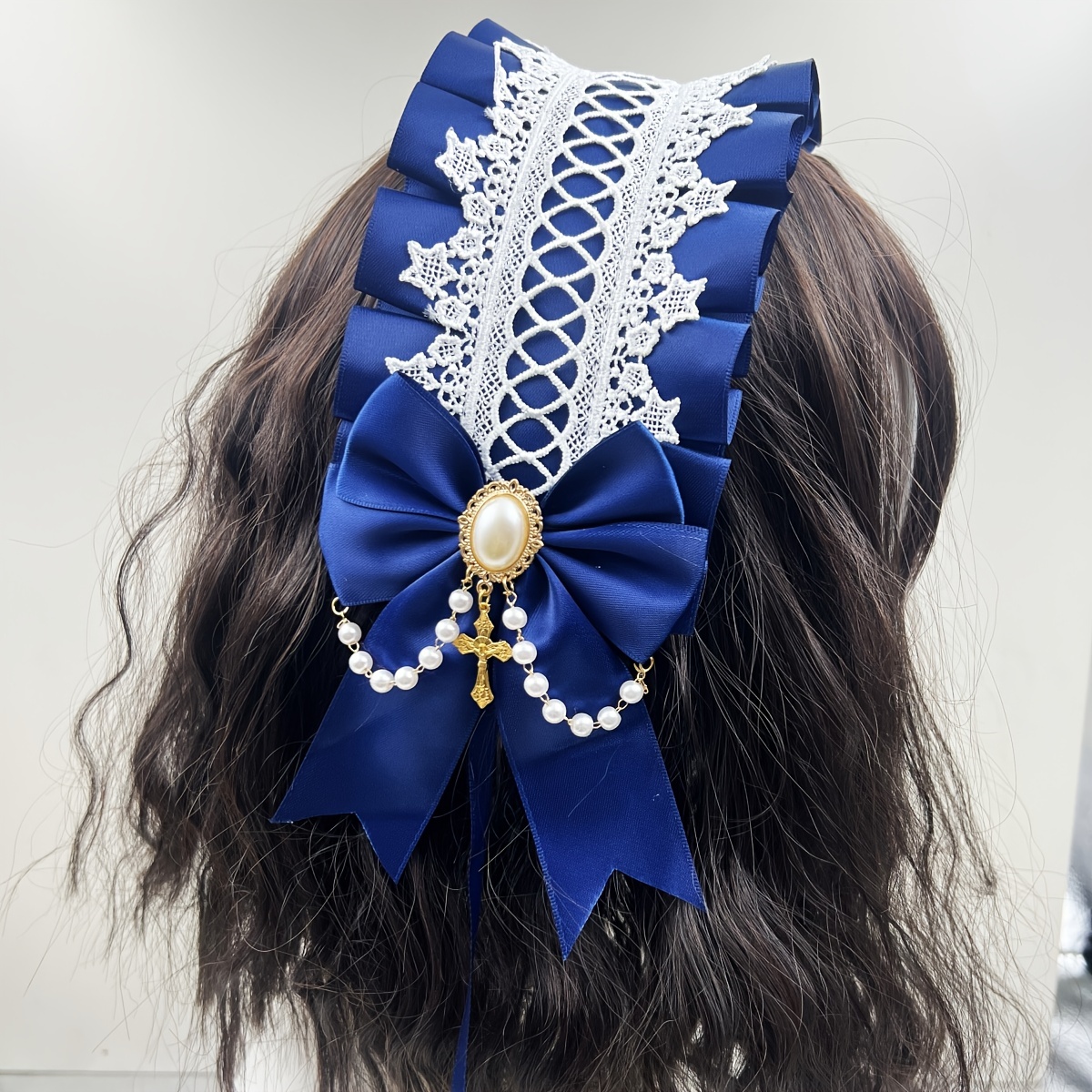 ロリータワイドレースヘッドバンド弓フリルヘアバンドフェイクパール