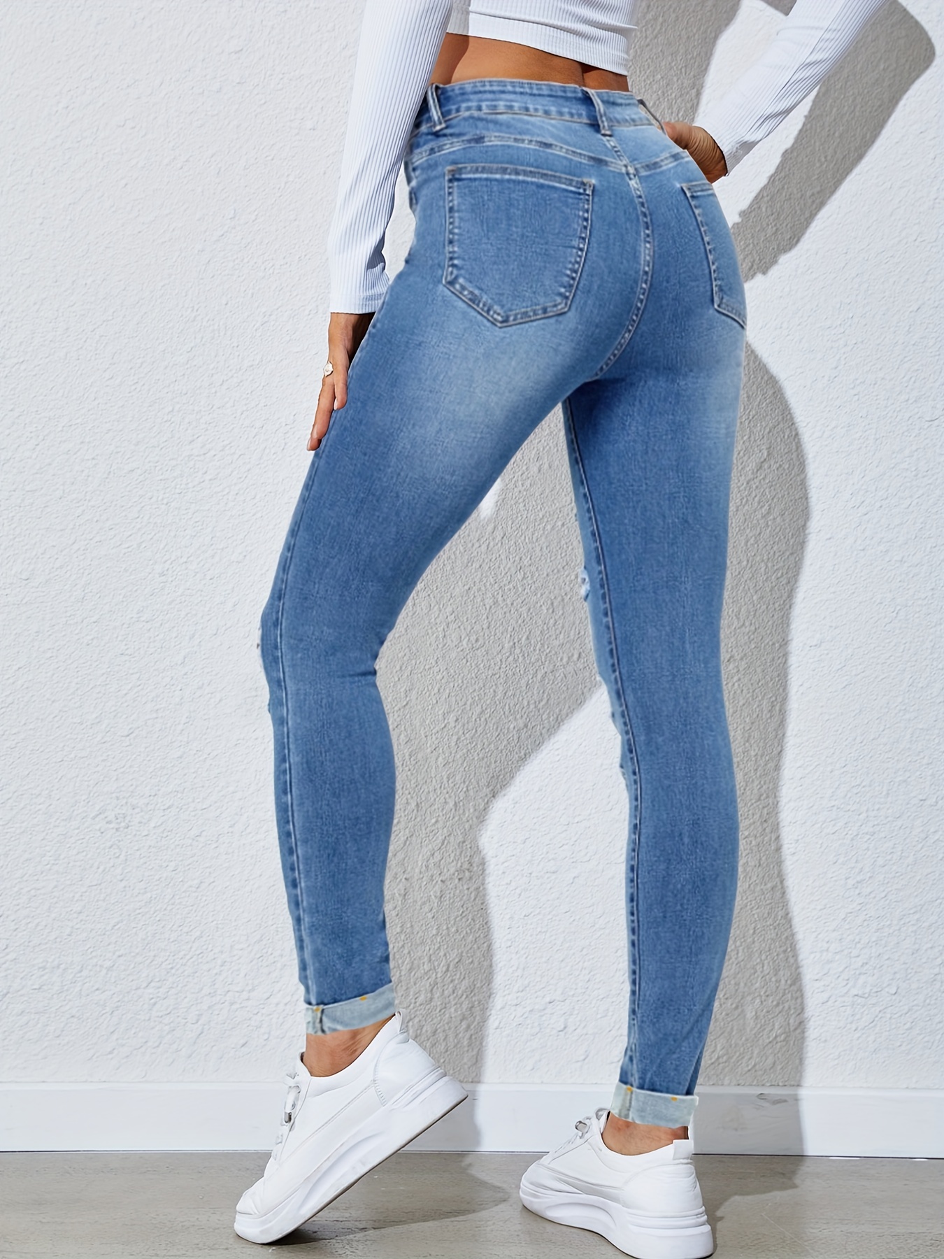 Blue Ripped Holes Skinny Jeans Slim Fit High stretch Slash - Temu Mexico