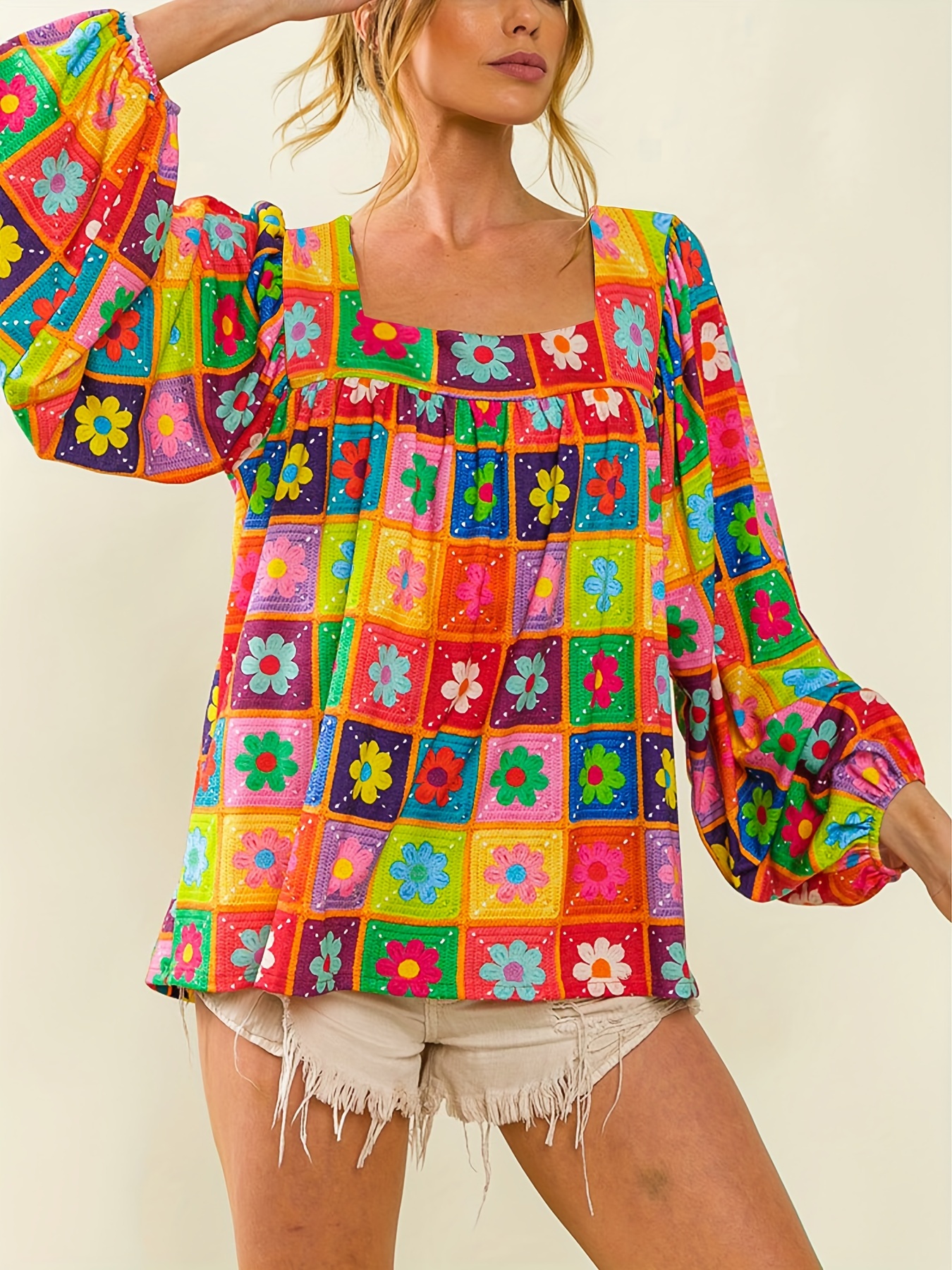 Blusa Cuello Cuadrado Estampado Flores En Bloques Colores Temu Chile