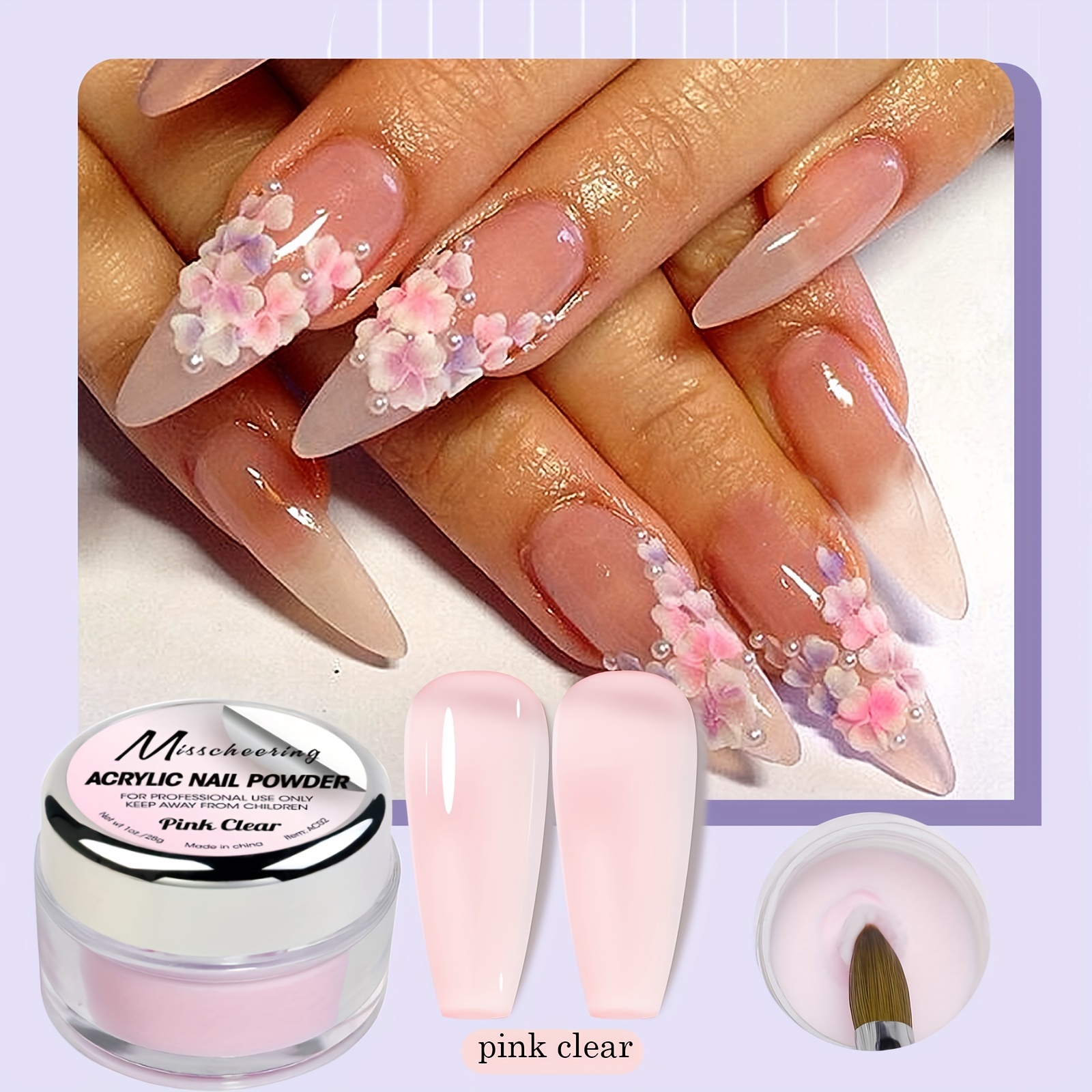 Acrylic Nail Kit – White Pinkish Clear Acrylic Powder & Nail Flowers  Monomer Set With Nail Brush