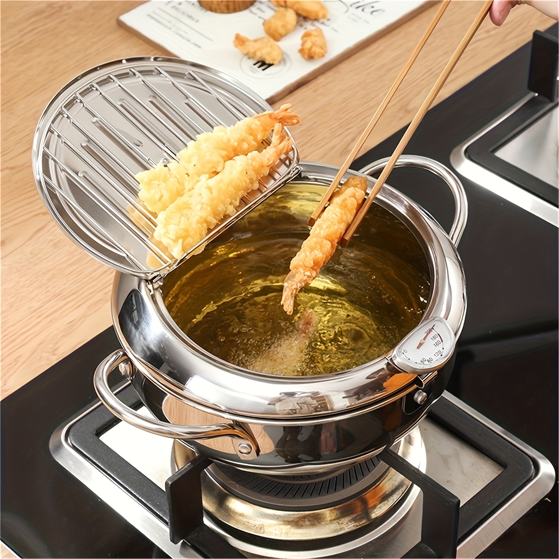 Deep Fryer Pot With Thermometer, Stainless Steel Japanese Style Tempura Frying  Pot With Oil Drip Drainer Rack, Kitchen Utensils, Kitchen Accessories - Temu