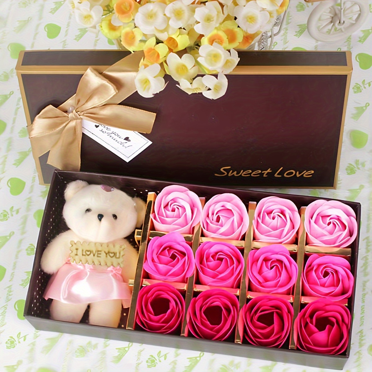 Soap Flower Towel Bear Gift Box, Including Scented Soap Roses And