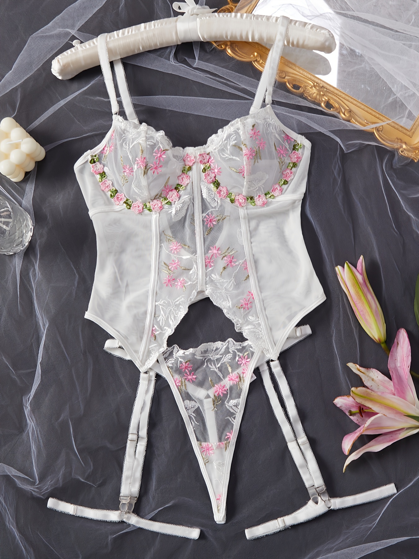 Sexy Floral Embroidery Lingerie Set Strapped Lace Bra Tank - Temu