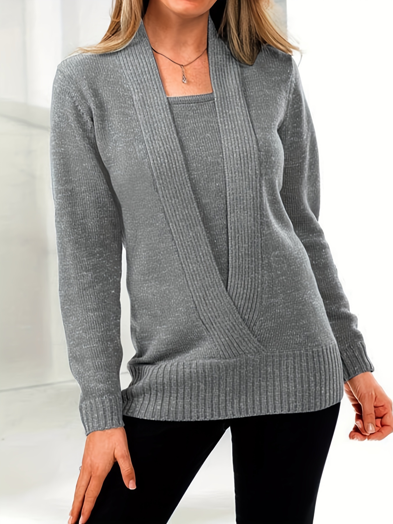 Solid Rib Knit Sweater Casual Long Sleeve Versatile Sweater - Temu