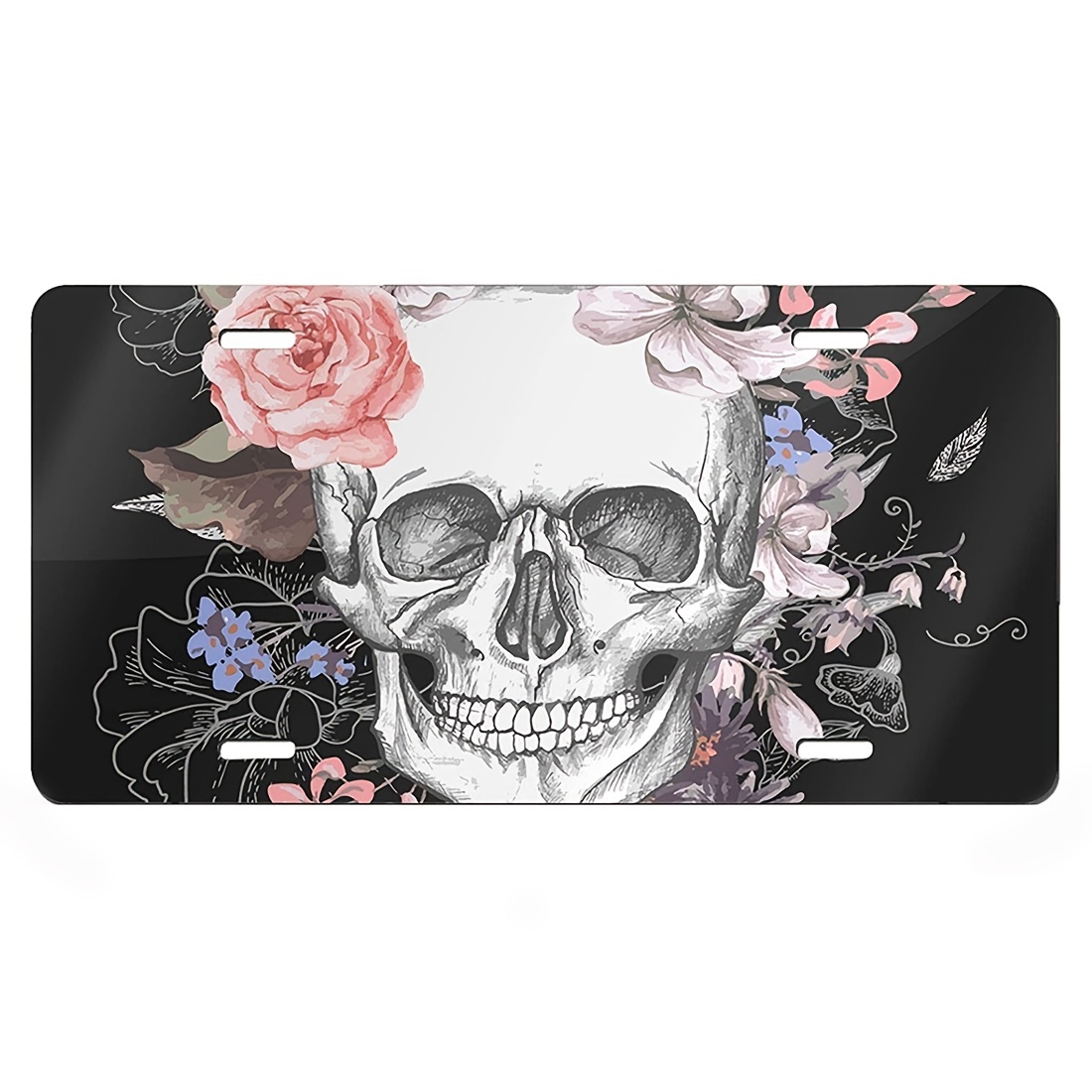 1pc Skull Skeleton License Plate Cover Aluminum Metal Plates Floral Design Metal Novelty Car Plate For Women Girls Men Boys 6X12 Inch