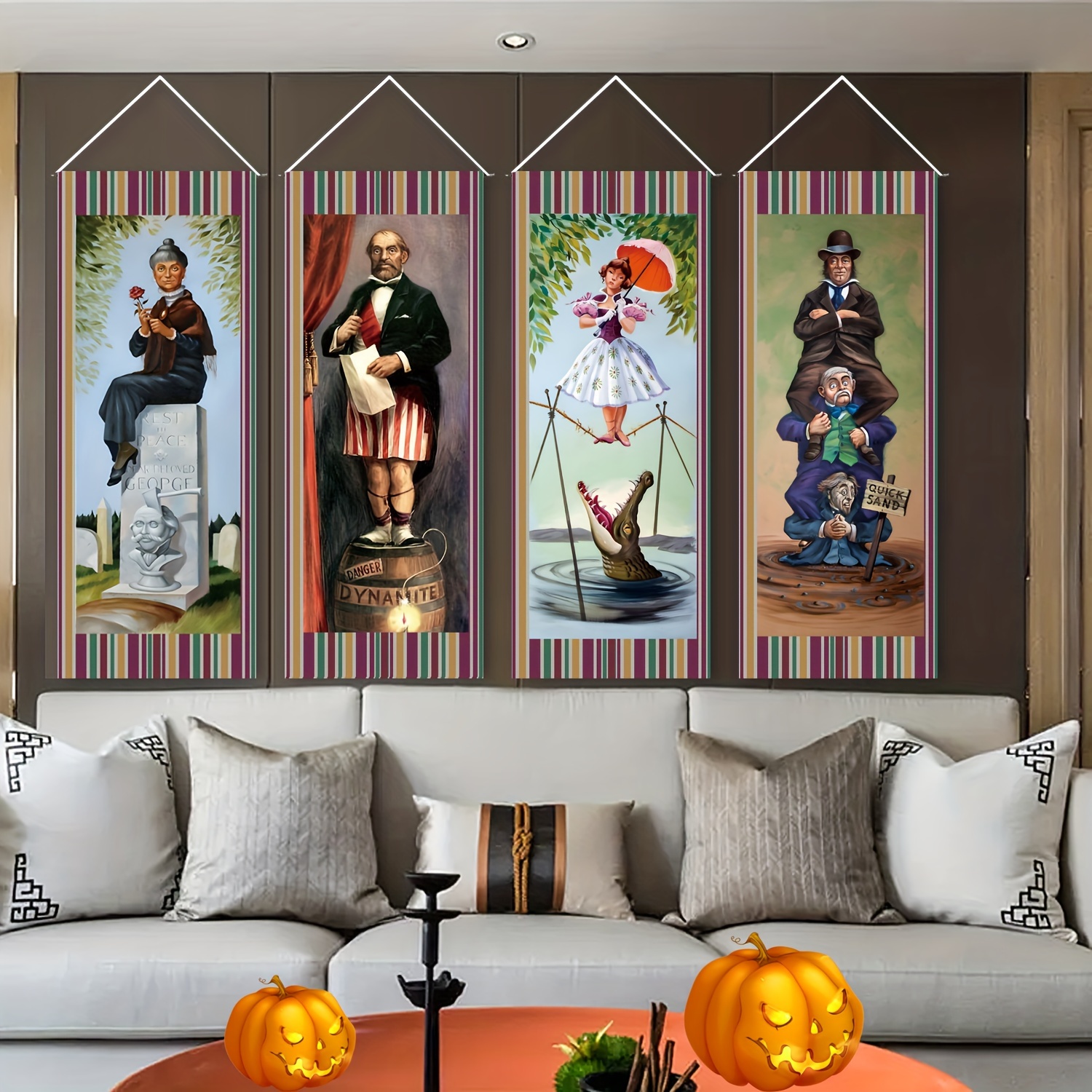 

Set/4pcs, Haunted Mansion Stretching Portraits Outdoor Vinyl Halloween Decoration, Haunted Mansion Backdrop Halloween Vintage Horror Poster For Home Wall Decor Art Photo Hanging Banner
