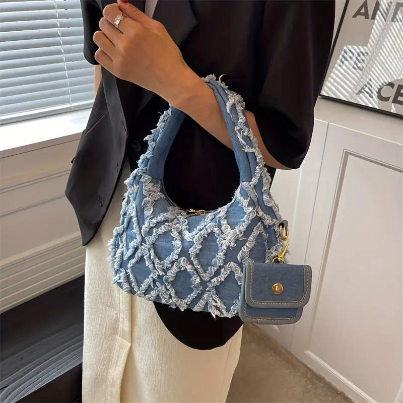 Niche Denim Argyle Pattern Shoulder Bag Trendy Baguette Bag