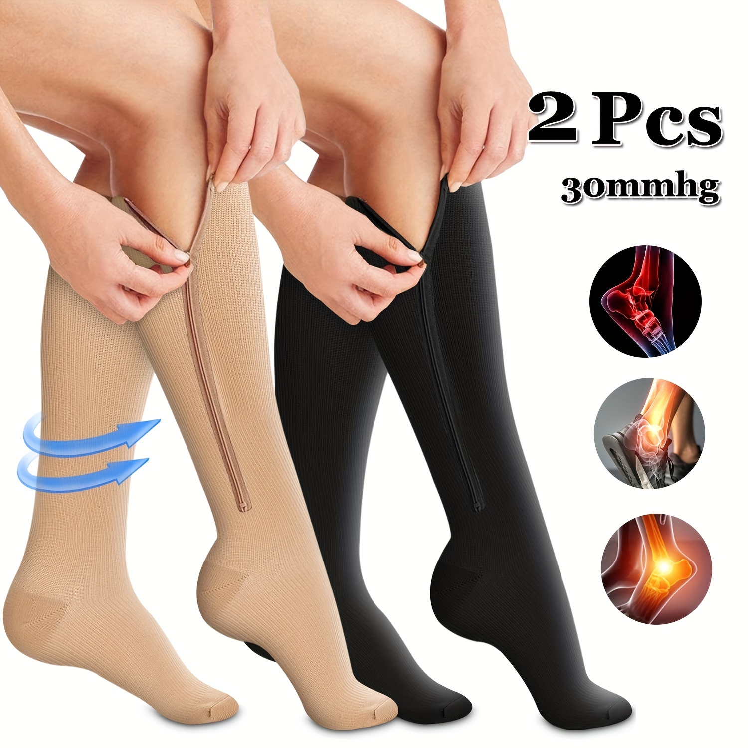Short Zipper Compression Socks for Women and Men Open Toe 20-30 mmhg  Medical Zippered Compression Socks with Zip Guard for Skin Protection - 5XL