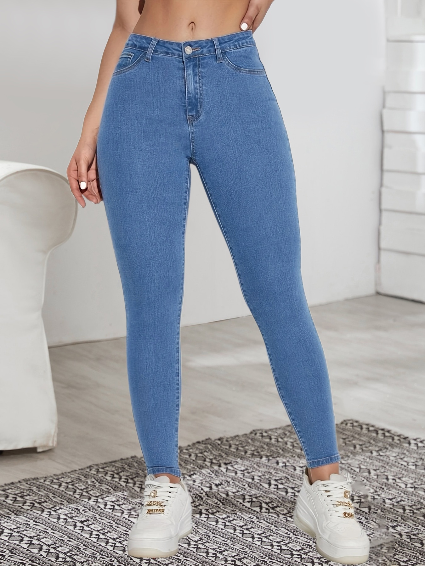 Blue Slim Fit Cropped Jeans Slash Pockets stretch Capris - Temu Canada